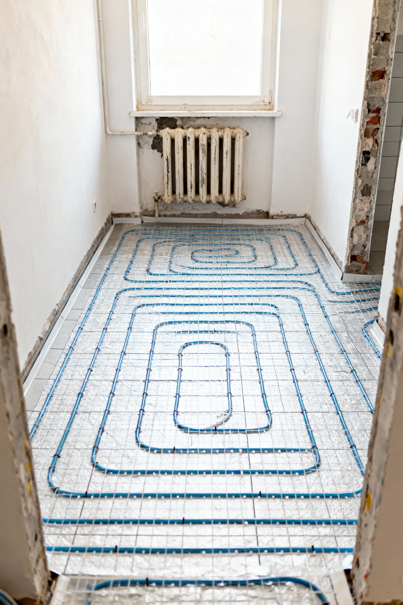 Installation of an electric radiant floor heating mat laid out on a subfloor in a small bathroom undergoing renovation, with the wall where a radiator used to be now clear, showcasing the clean and uncluttered design.