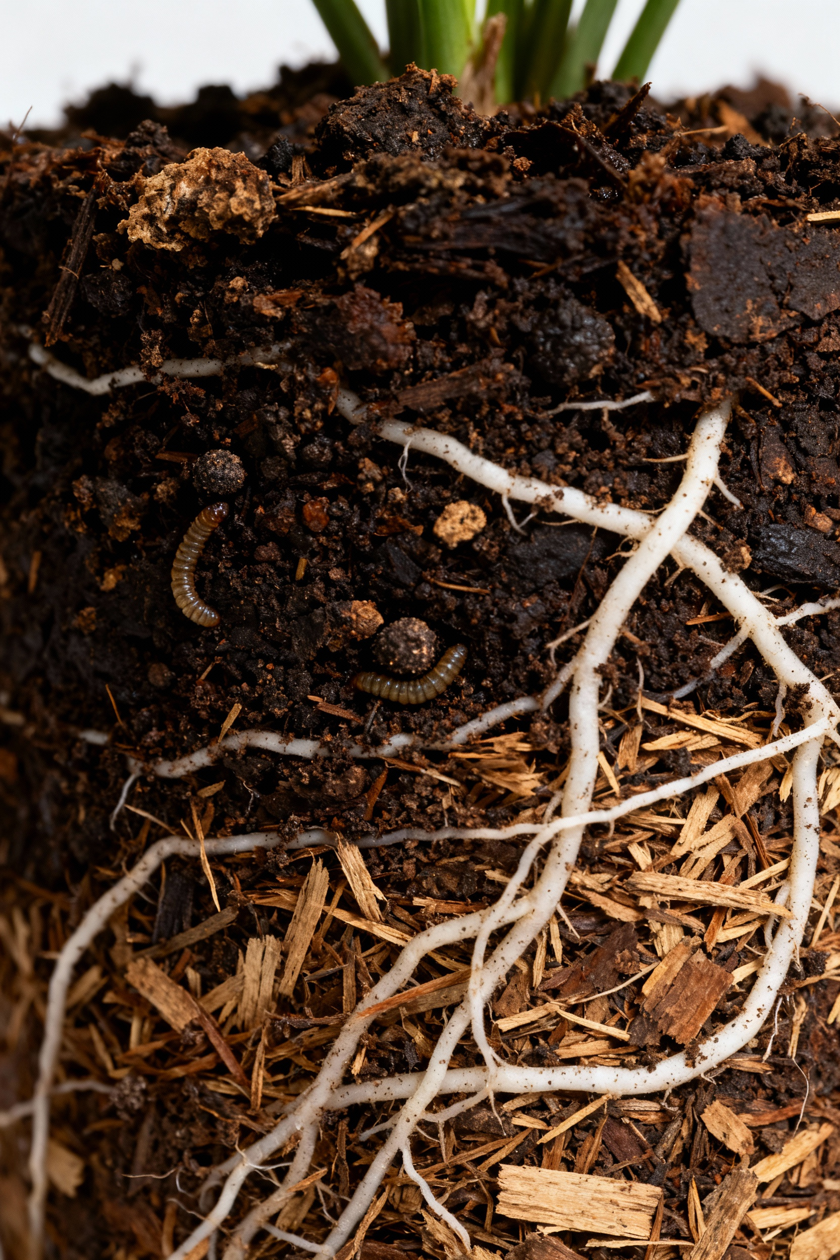Cross-section of biologically active container garden soil with visible compost, organic matter, and healthy plant roots, symbolizing long-term container health and robust plant growth through microbial ecosystems.