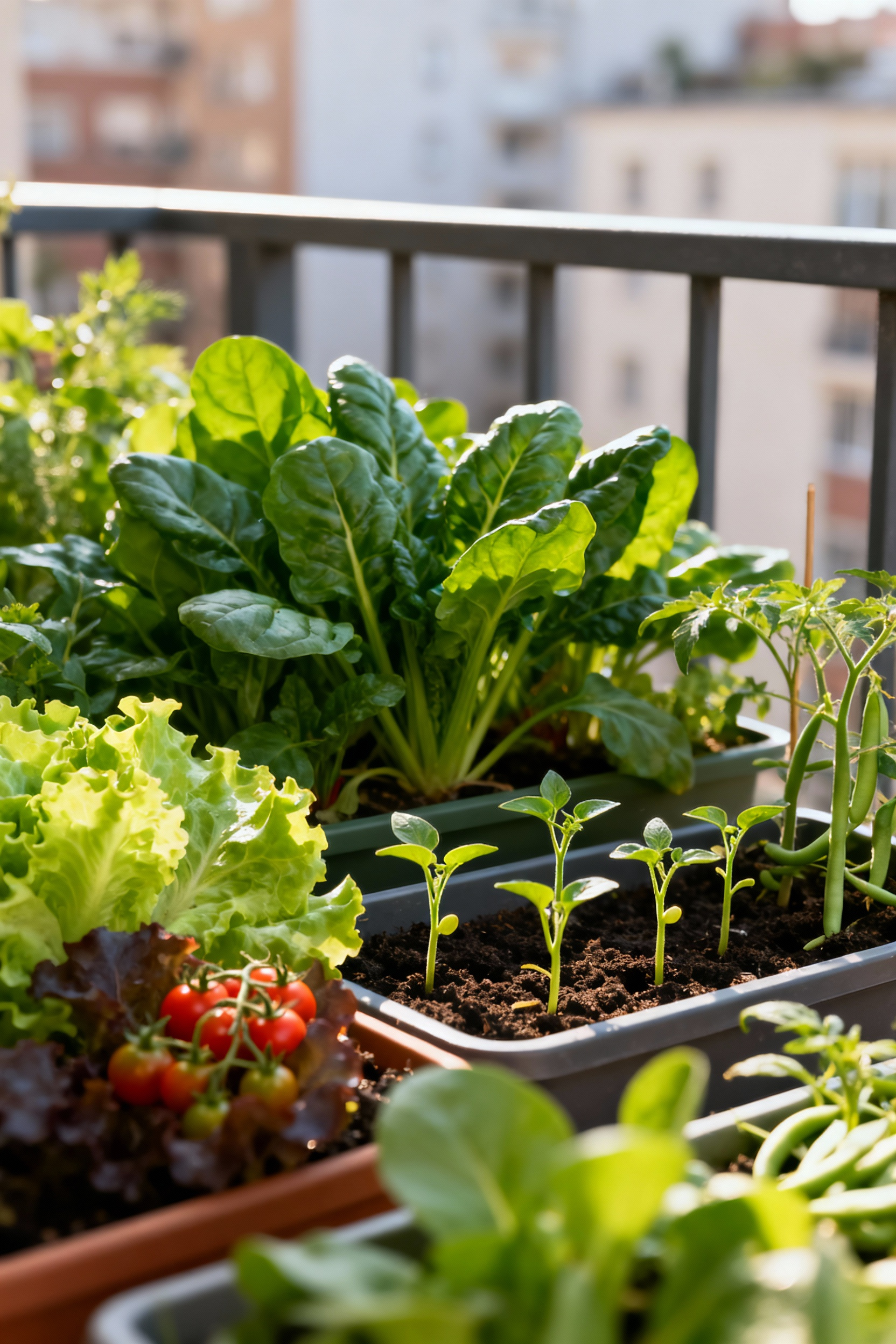 Vibrant container garden on a balcony with a mix of mature leafy greens and young tomato seedlings, representing a perpetual vegetable harvest system.