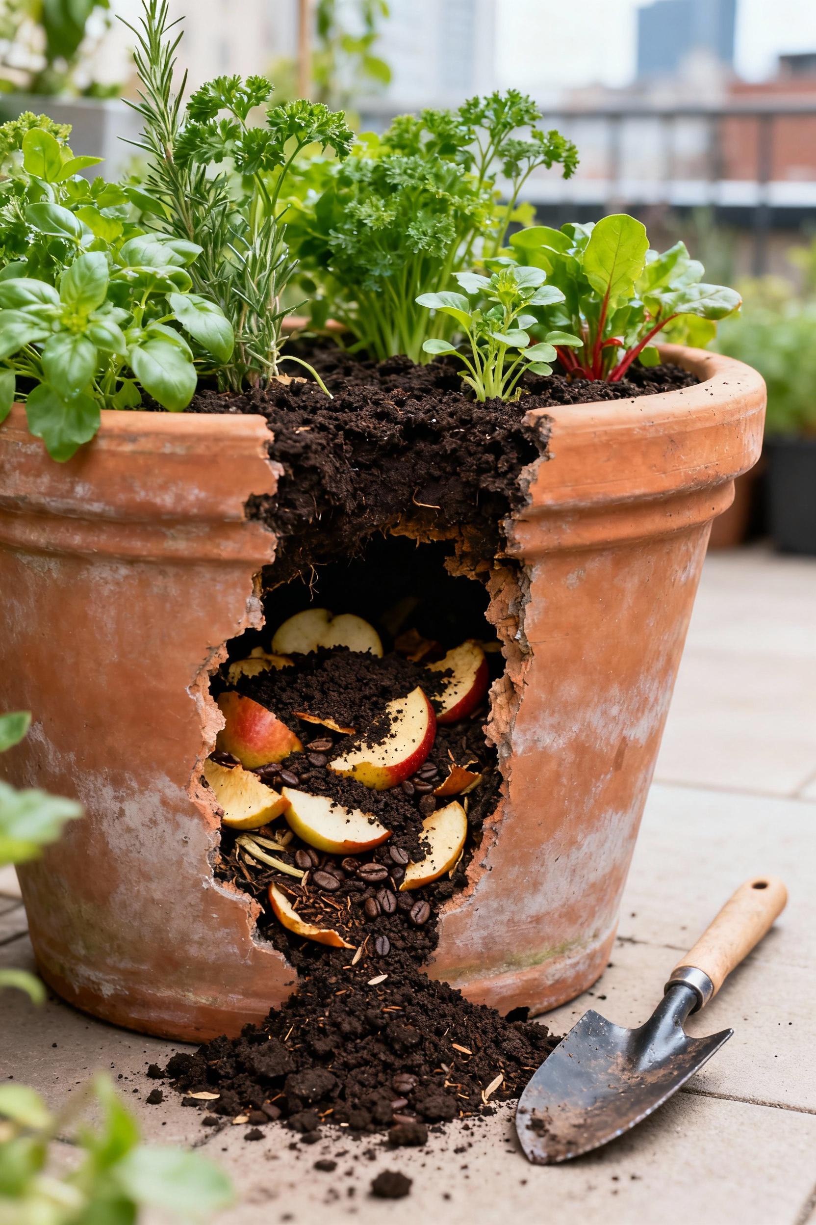 Close-up of healthy vegetable plants growing in a large container where kitchen scraps like fruit peels and coffee grounds are being directly composted into the soil.