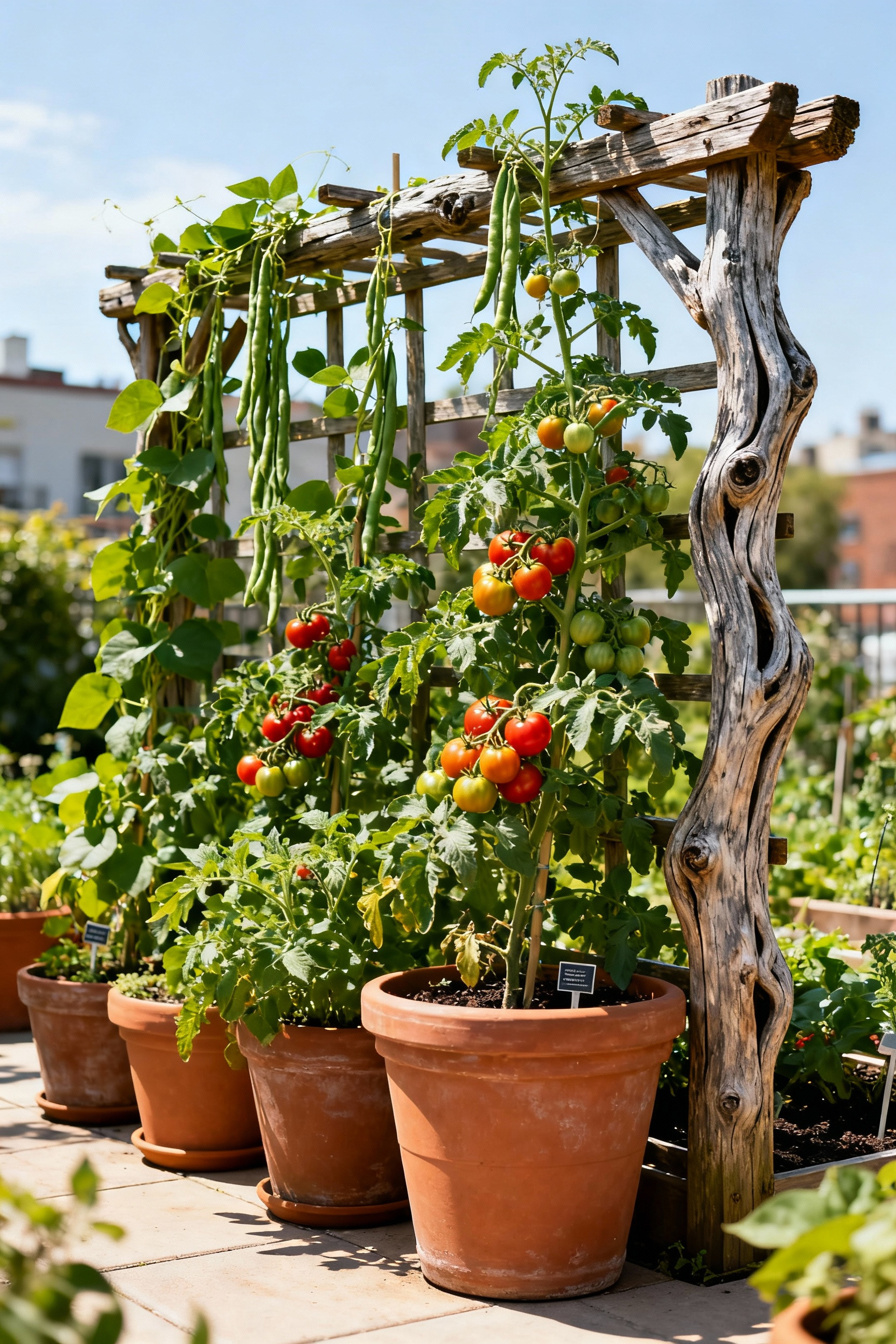 A thriving container garden featuring tall tomato plants and pole beans expertly supported by a vertical wooden trellis, overflowing with ripe vegetables on a sunny patio.