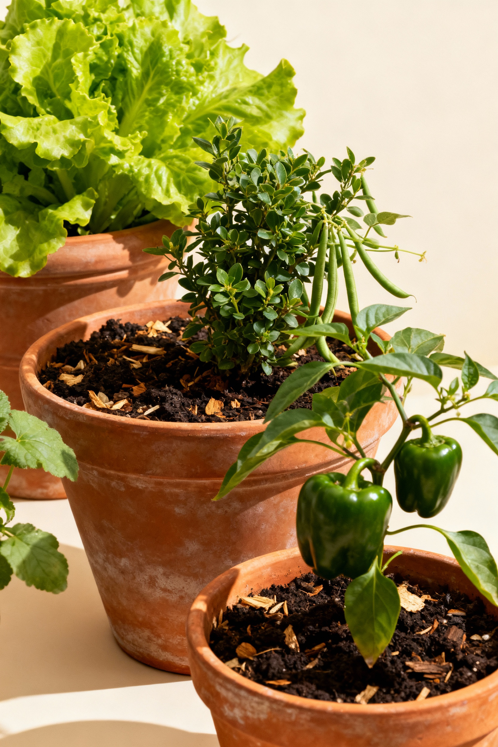 A vibrant container garden showcasing diverse healthy vegetables in various pots, symbolizing effective crop rotation for optimal soil health and abundant yields.