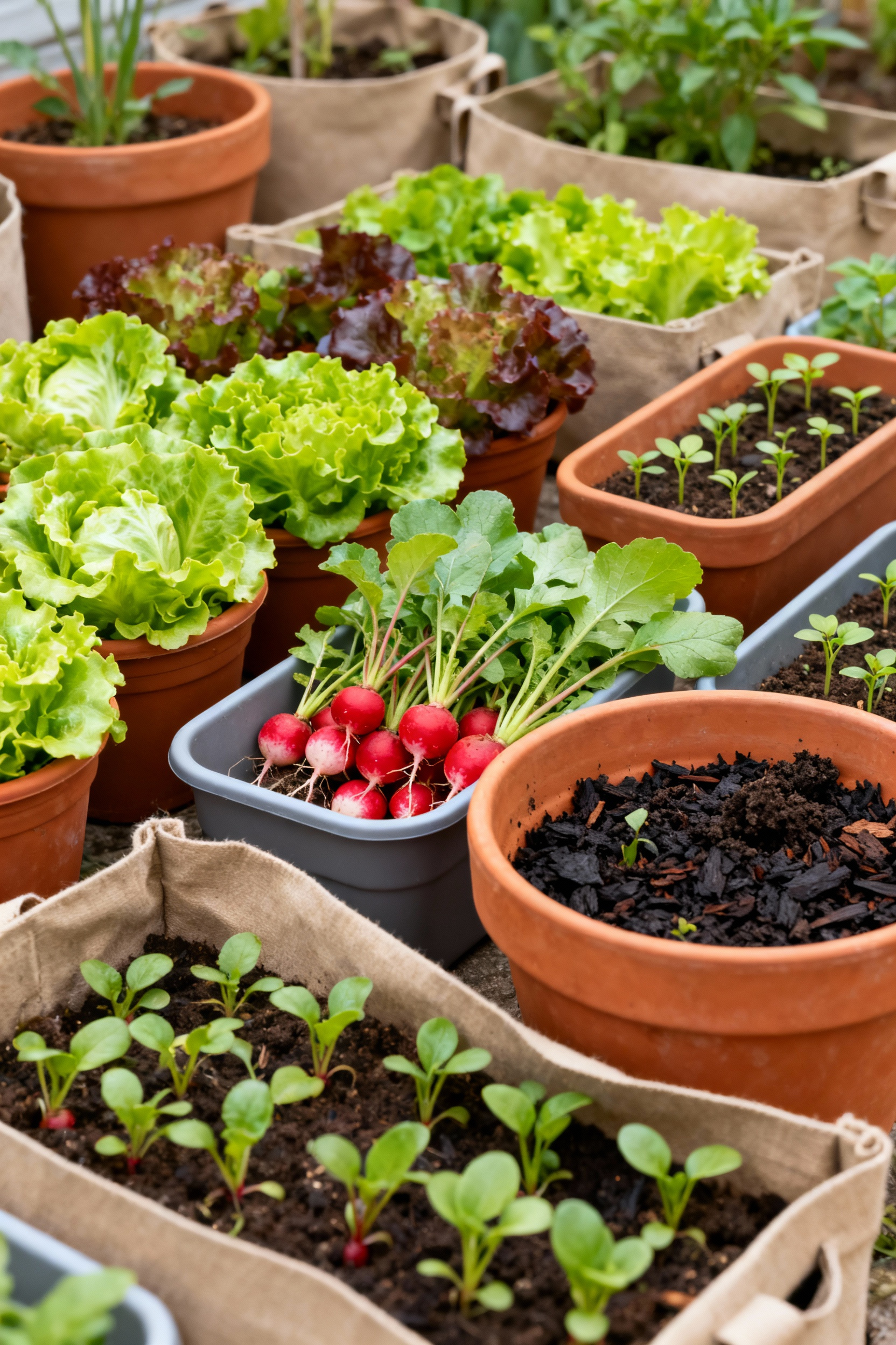 Close-up of a container garden demonstrating succession planting with lettuce and radishes at different growth stages, highlighting continuous harvests.