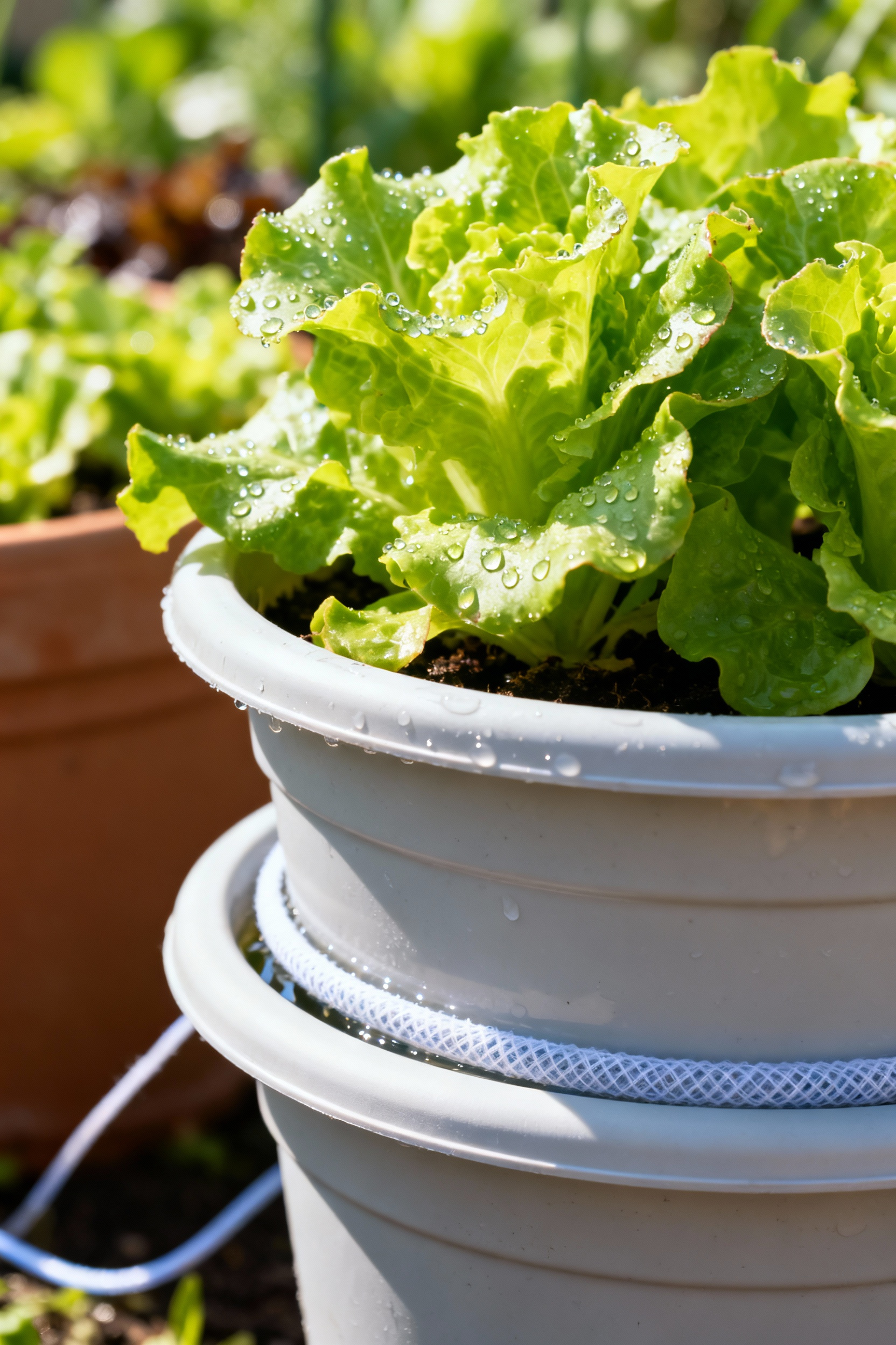 A DIY self-watering wicking planter with green lettuce, demonstrating consistent hydration for container vegetables.