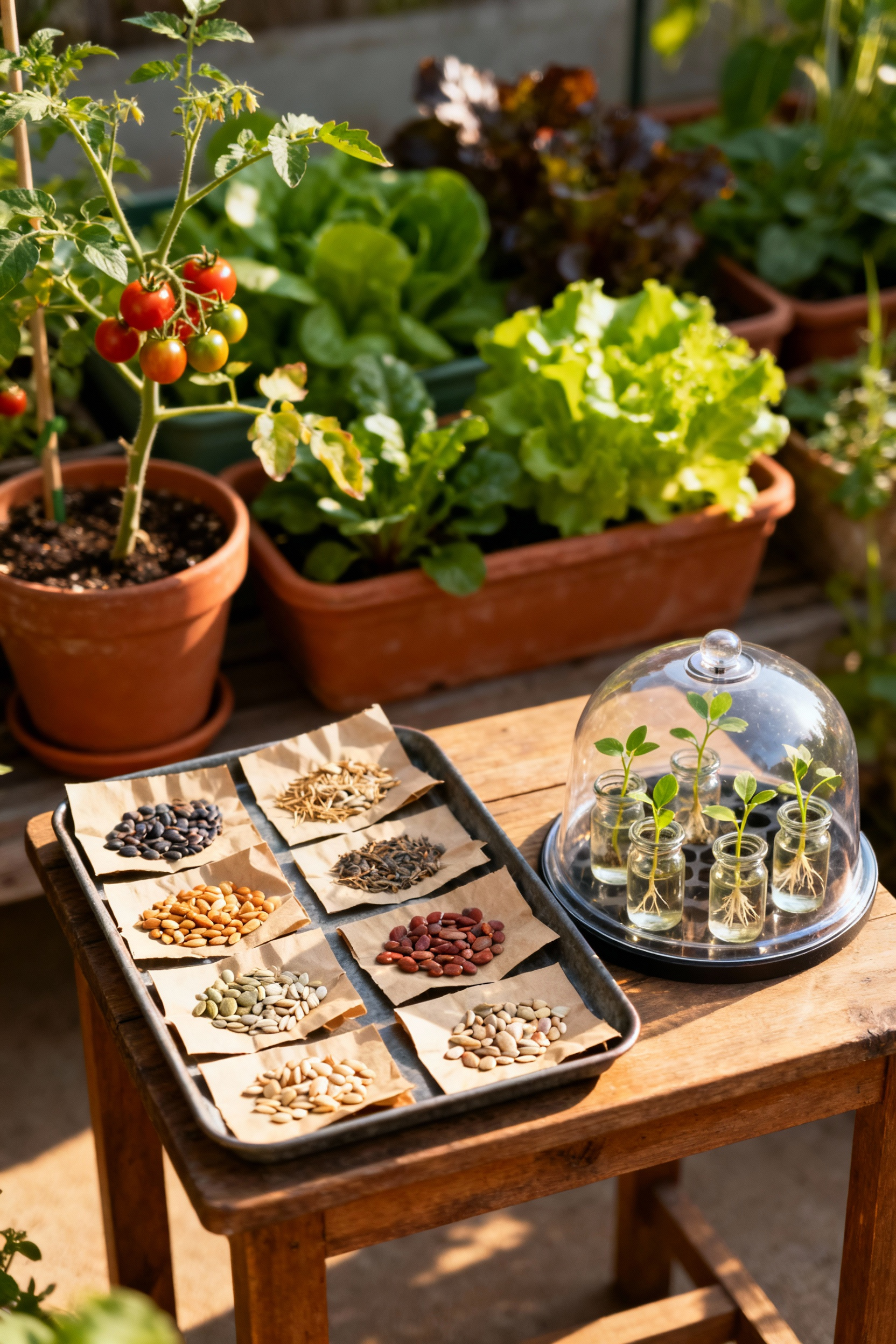Close-up of heirloom seeds drying on a tray next to plant cuttings rooting in jars, illustrating seed saving and propagation in a container garden.