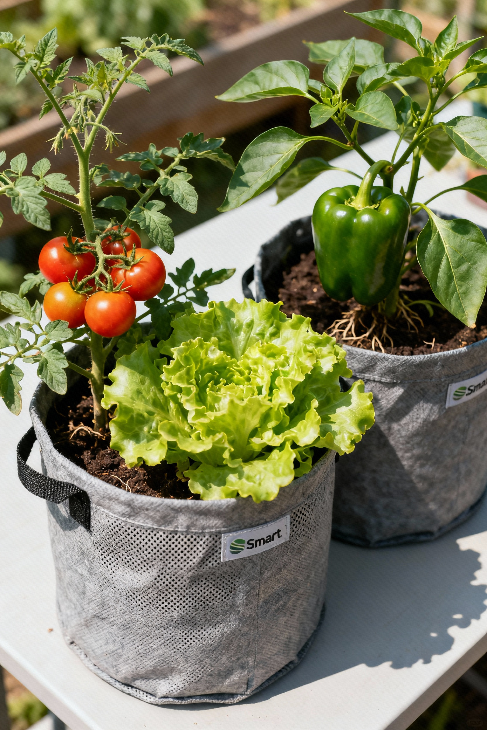 Container vegetable garden featuring a variety of healthy plants like tomatoes, lettuce, and bell peppers in correctly sized fabric grow bags, highlighting their breathability and promotion of robust root systems.