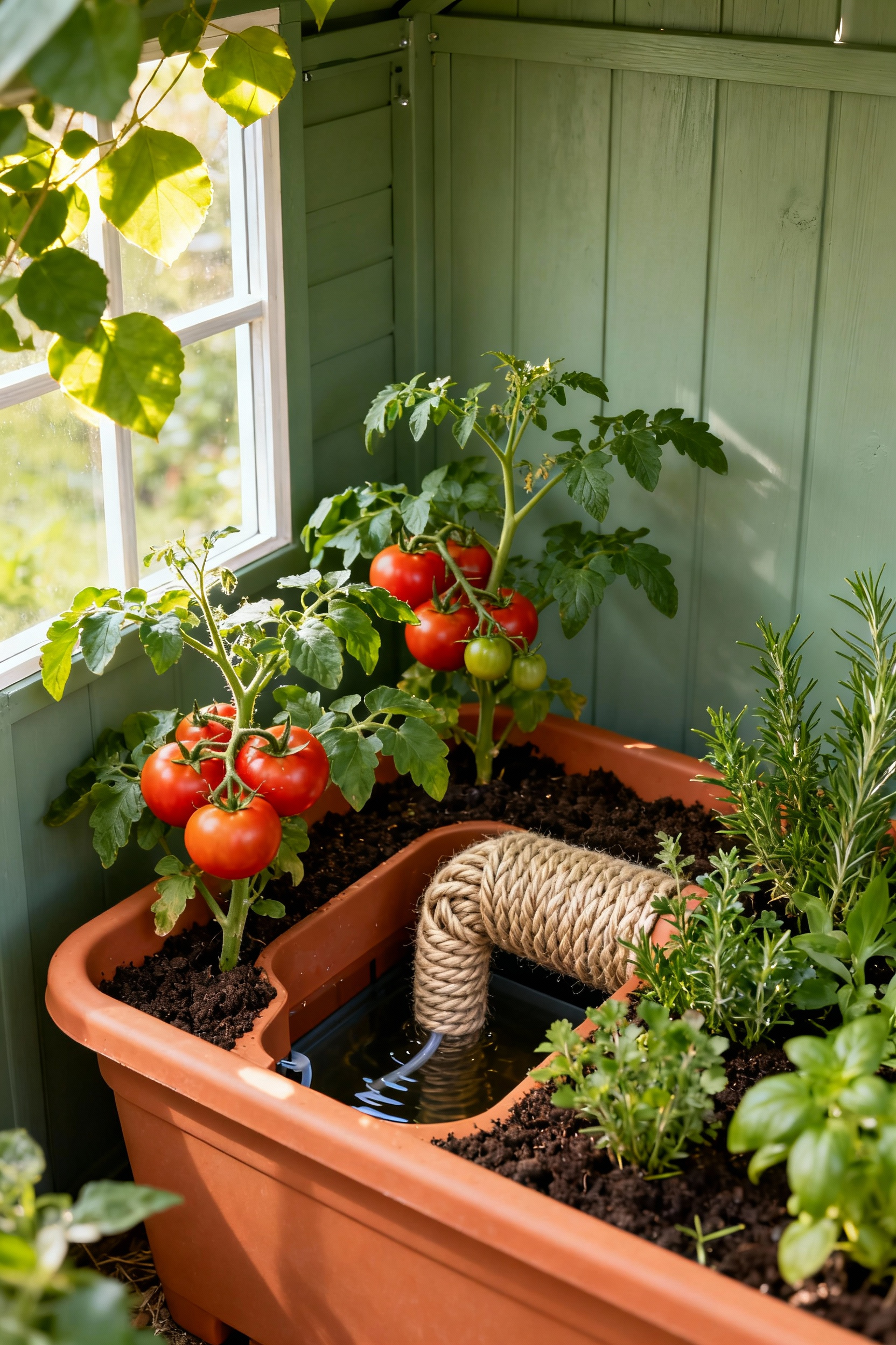 A detailed view of a modern self-watering container system with thriving tomato plants, showing the wicking mechanism connecting the soil to the water reservoir, designed for consistent plant hydration.