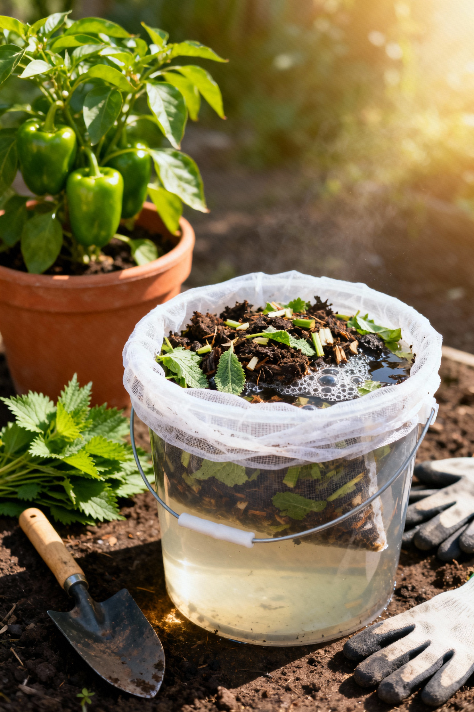 A portrait shot of a rustic container setup for making organic liquid fertilizer with compost and plant matter submerged in water, surrounded by gardening tools and a vibrant potted pepper plant, indicating a natural method for plant nourishment.