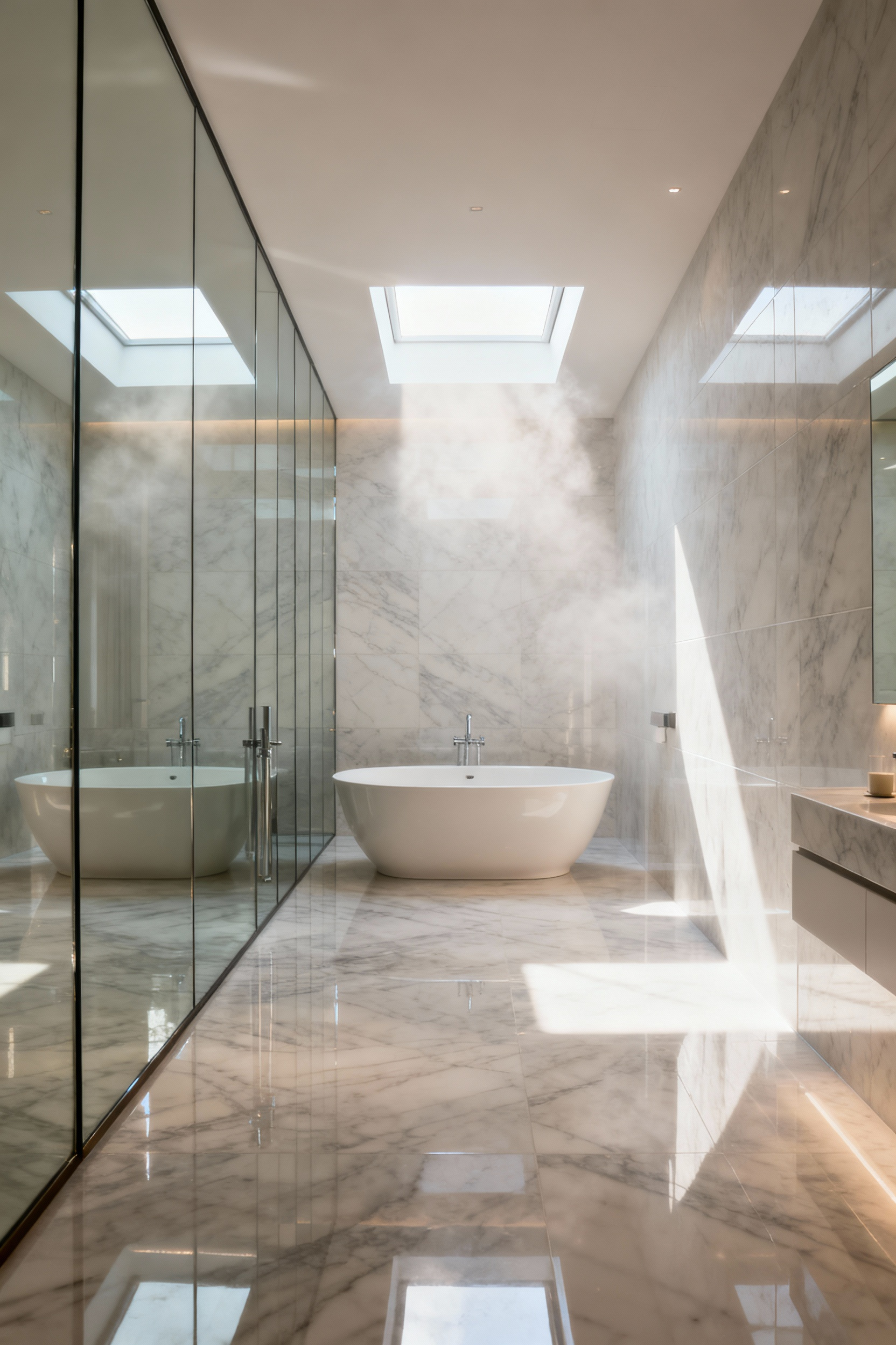 Luxurious bathroom with a full mirrored wall, freestanding tub, and polished marble tiles creating an expansive volume, reflecting natural light from a concealed skylight.
