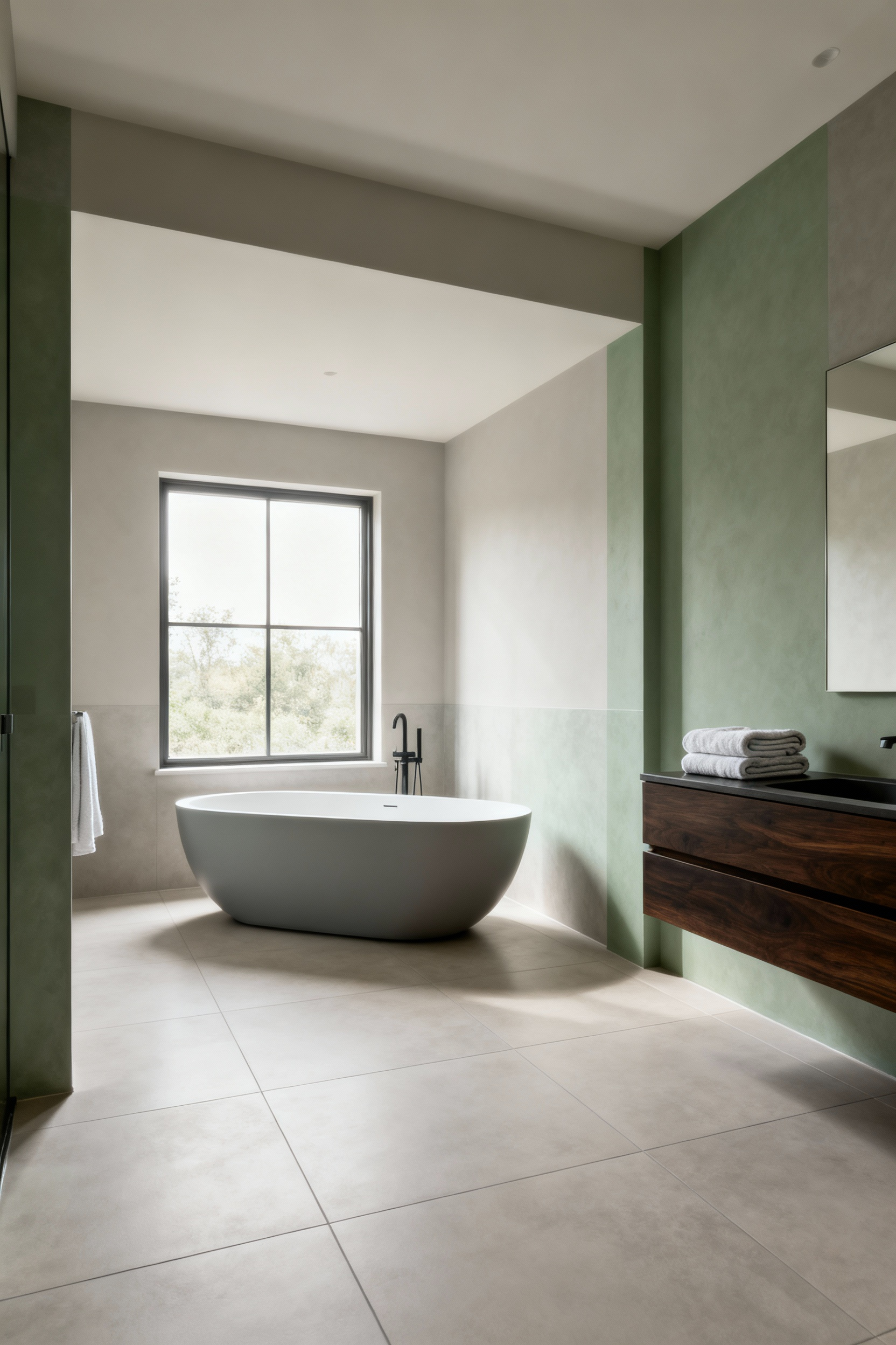 Luxury bathroom interior featuring a serene cool-toned greige color palette, a modern freestanding tub, and soft natural lighting creating a peaceful moodscape.