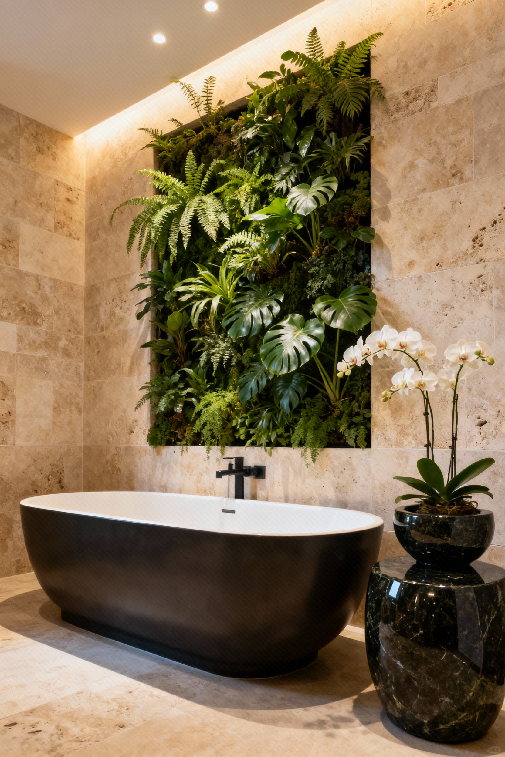 Opulent bathroom with a large living wall of lush green ferns and philodendrons, a freestanding Japanese soaking tub, and elegant stone planters with white orchids, showcasing biophilic design.