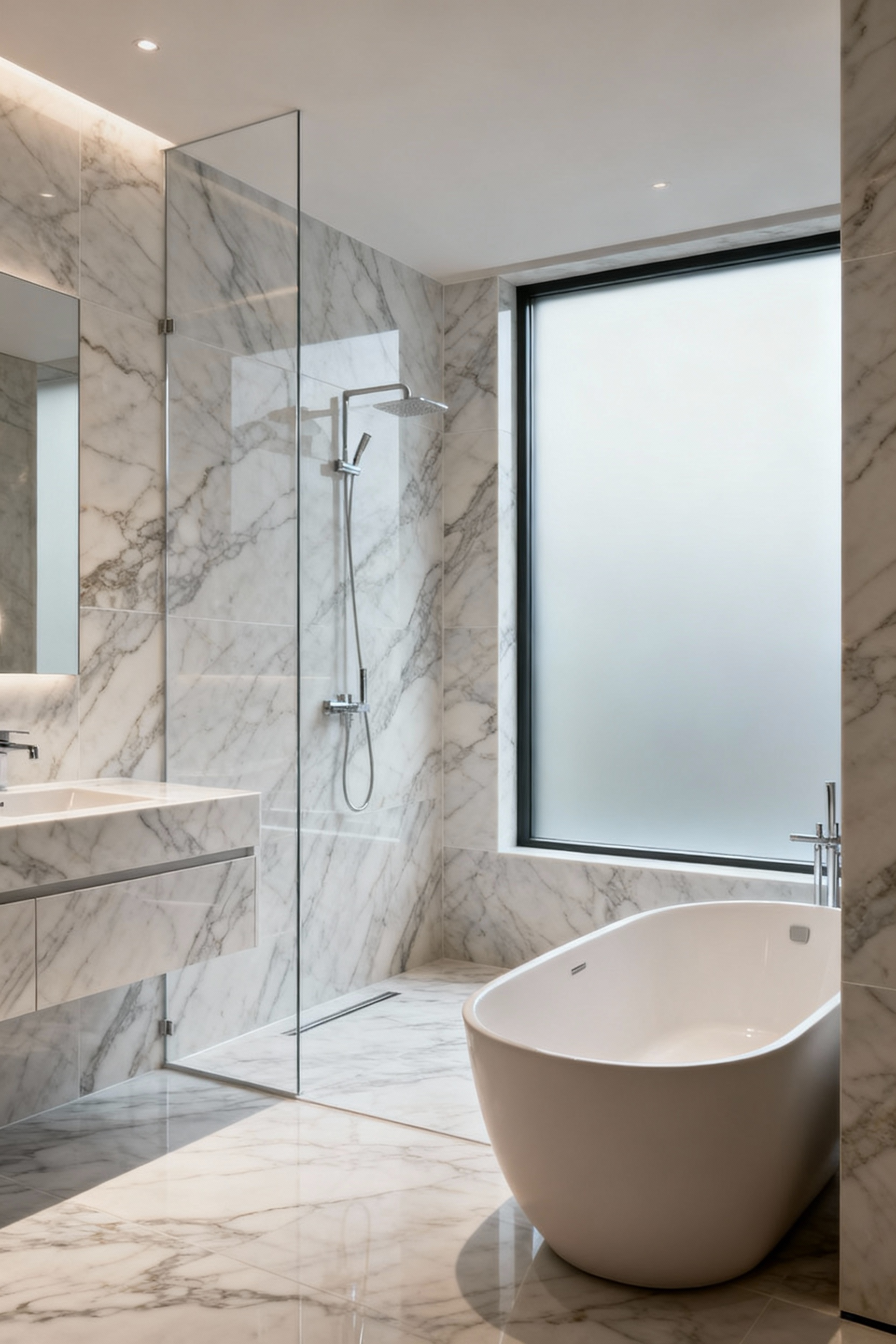 Luxury bathroom design with floor-to-ceiling large-format Calacatta Oro-patterned porcelain slabs, featuring an integrated walk-in shower and modern freestanding bathtub, showcasing seamless surfaces and minimalist elegance under soft natural light.