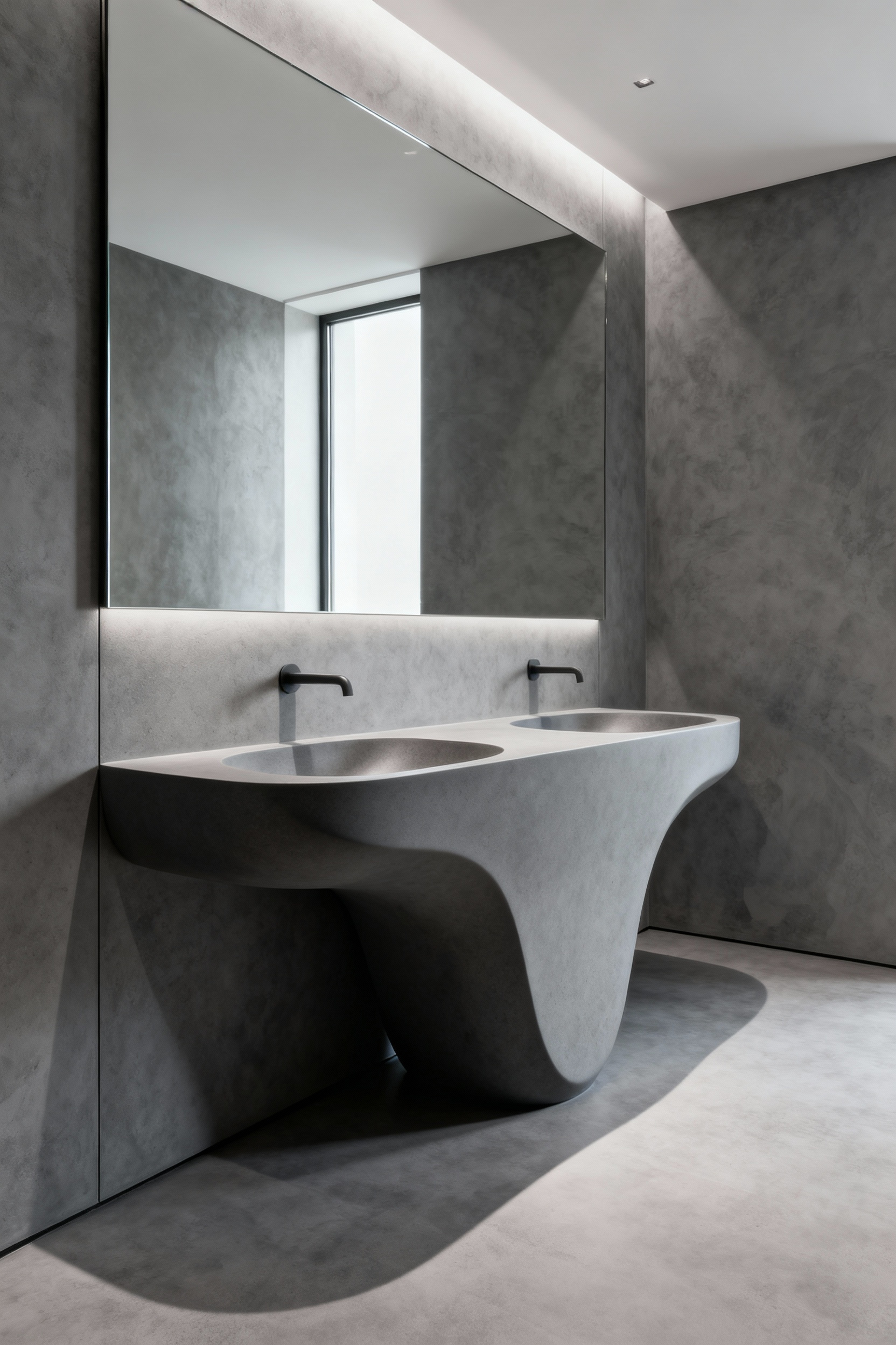 A luxurious avant-garde bathroom featuring a seamless, sculptural double vanity basin and walls crafted from innovative, matte composite materials in a deep charcoal hue. The room has a minimalist, monolithic aesthetic with soft, diffused lighting.