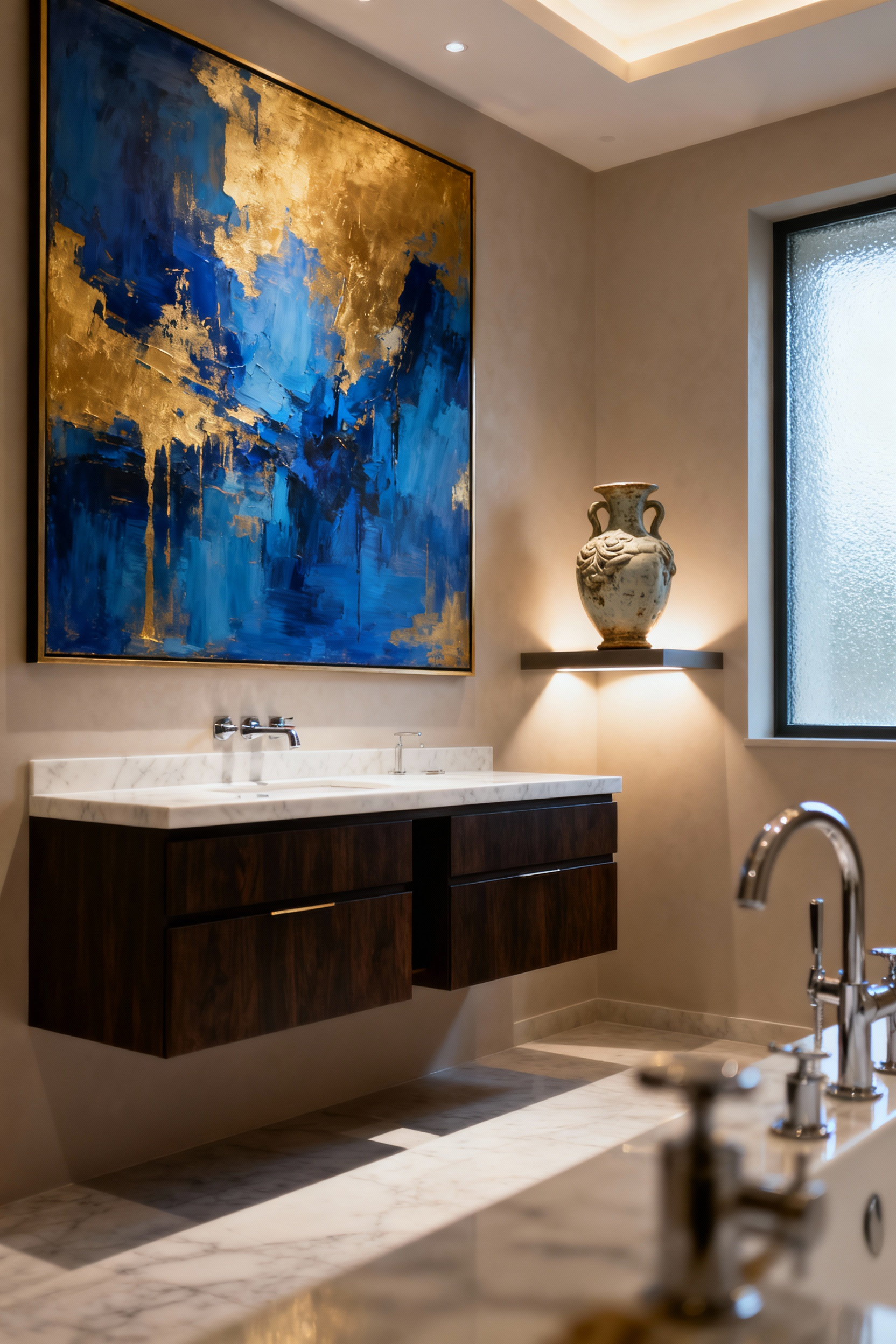 Luxury bathroom with a vibrant abstract painting over a dark wood and white marble double vanity, and an antique ceramic vase on a shelf, lit by a focused spotlight.