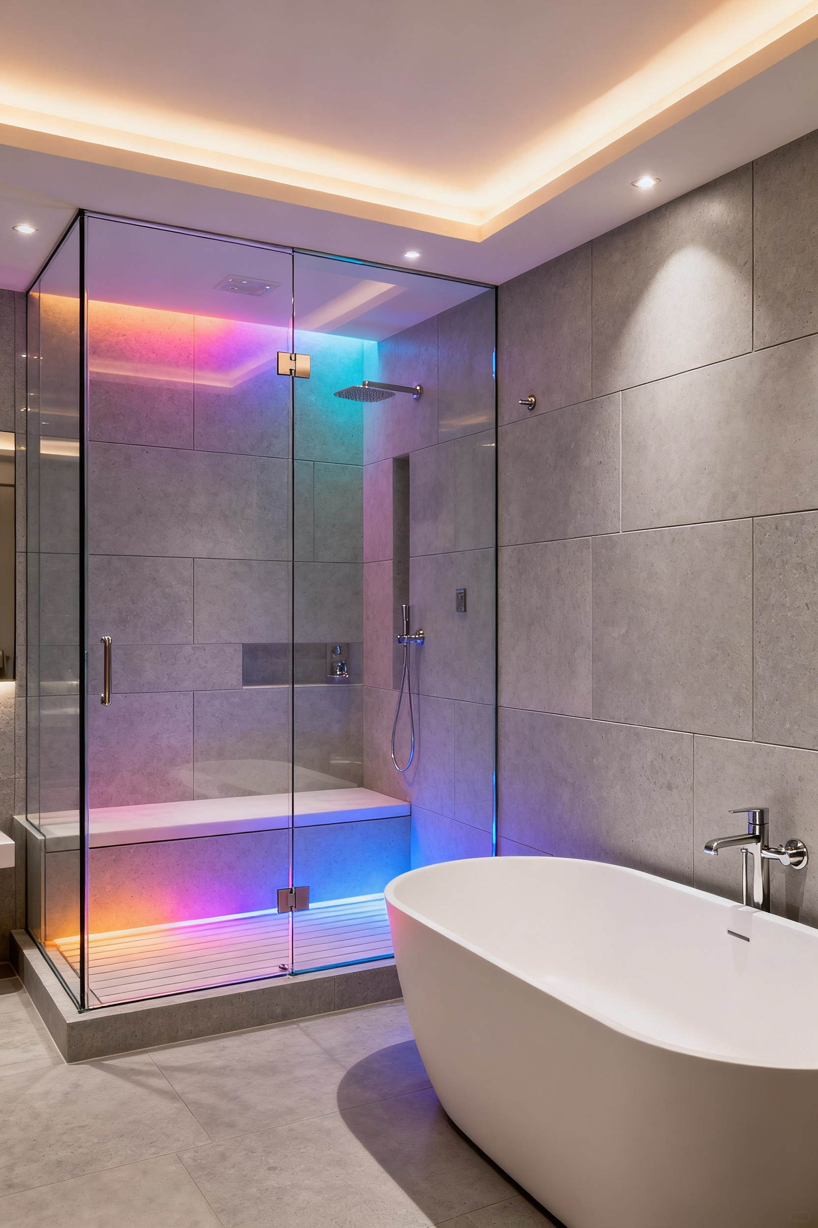 Luxurious modern spa bathroom with integrated steam shower featuring chromotherapy lighting and a freestanding deep-soaking bathtub.