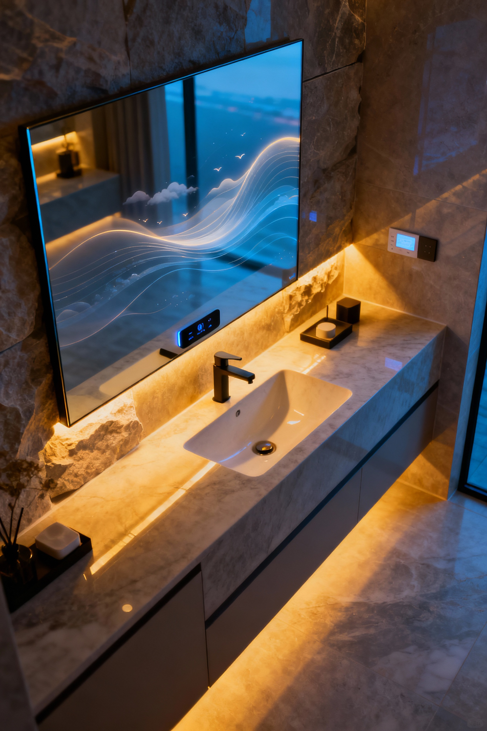 A luxurious minimalist bathroom featuring seamlessly integrated smart technology, including a smart mirror displaying abstract ambient patterns and hidden lighting, embodying automated comfort.