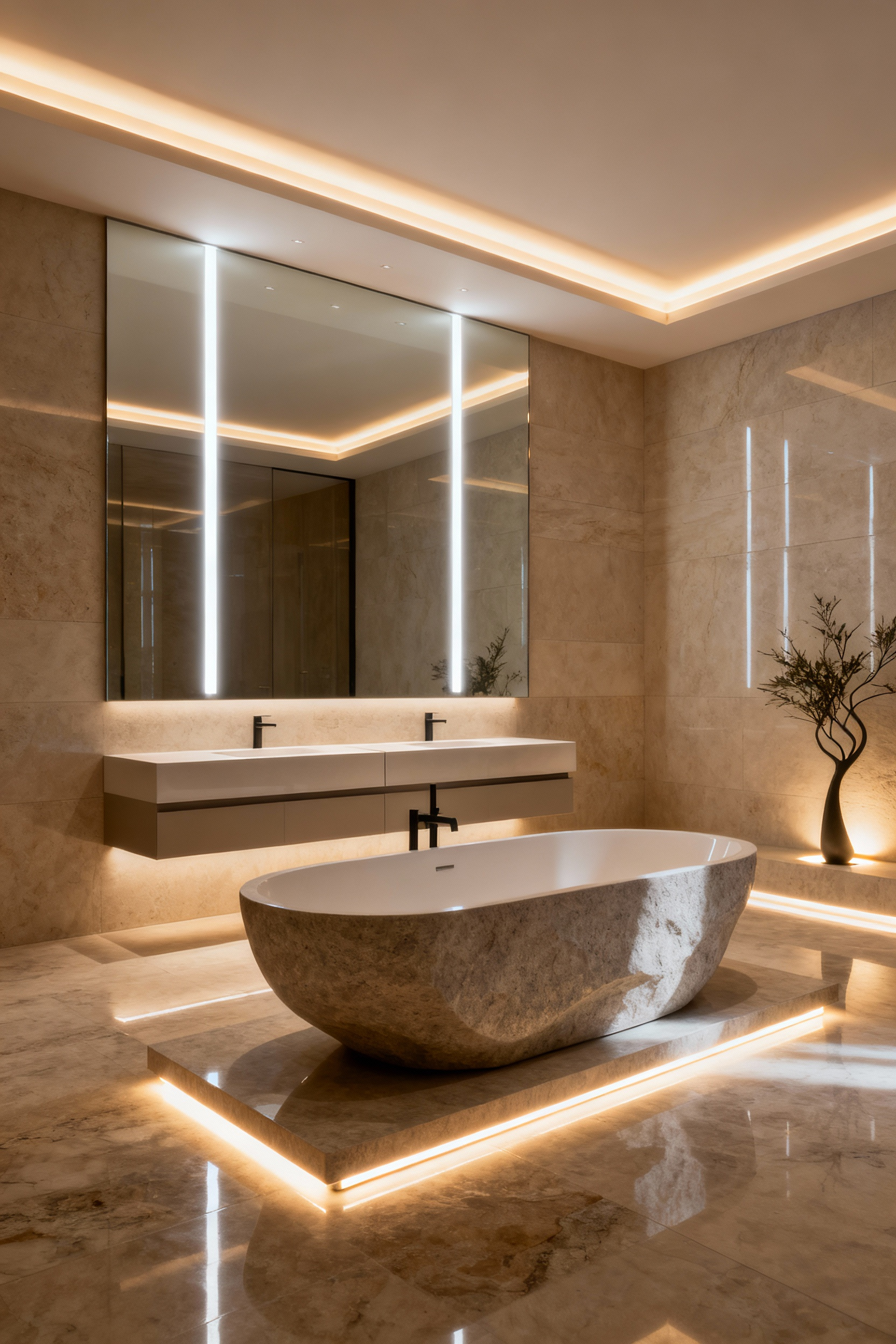 Luxury bathroom with sophisticated layered lighting, featuring an illuminated freestanding tub, LED vanity mirror, and recessed ambient ceiling lights.