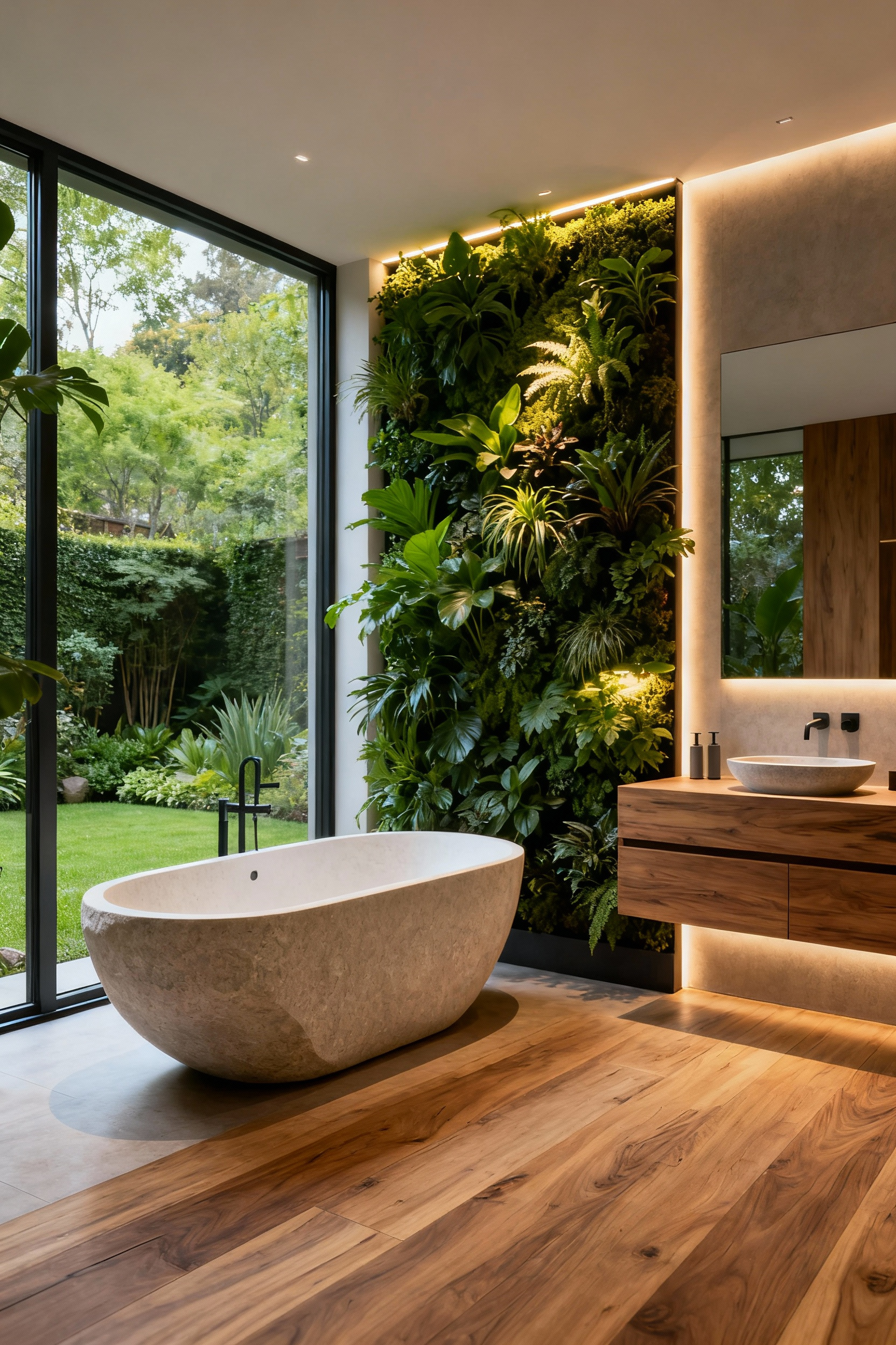 Luxurious biophilic bathroom design with natural materials, abundant greenery, and large windows creating a serene, natural resonance. Elegant and restorative space.