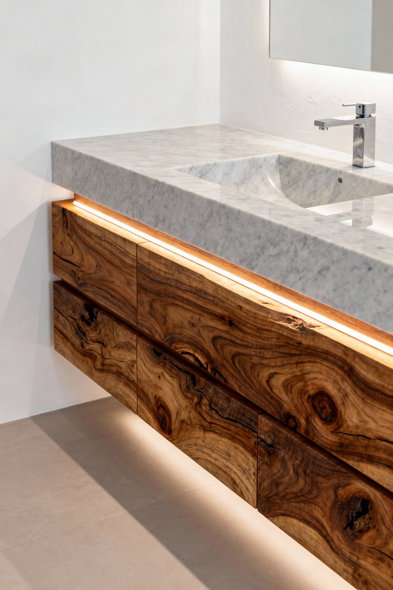Luxurious bathroom featuring a floating reclaimed teak vanity with striking wood grain, set against polished plaster and light gray marble for organic modern design.