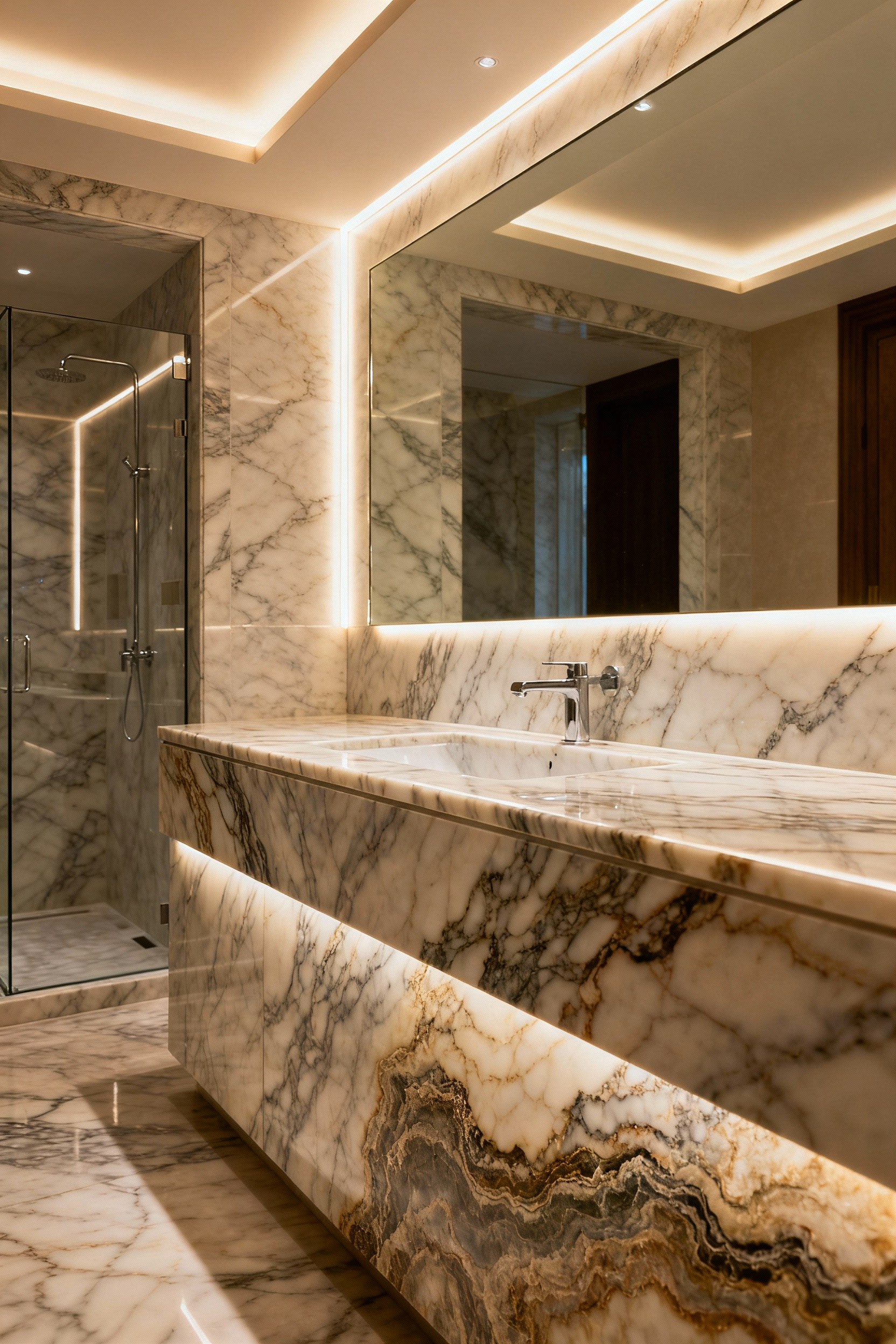 Luxurious bathroom featuring a stunning natural stone vanity and shower enclosure, highlighting unique veining and elegant textures, under soft ambient lighting.