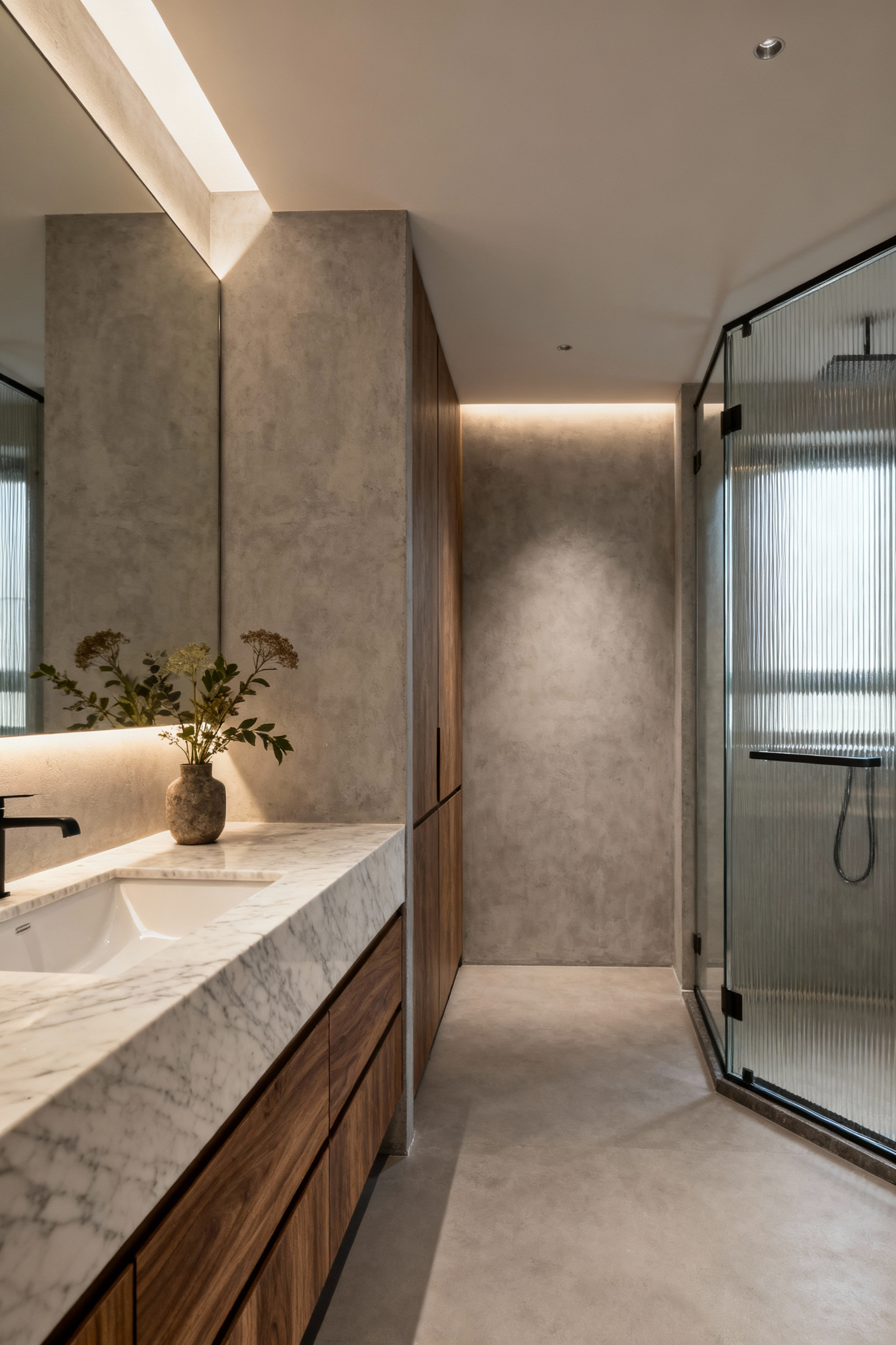 Luxurious bathroom featuring understated elegance with a monochromatic palette of grays and whites, honed marble, fluted glass, and soft ambient lighting, creating a serene sanctuary.