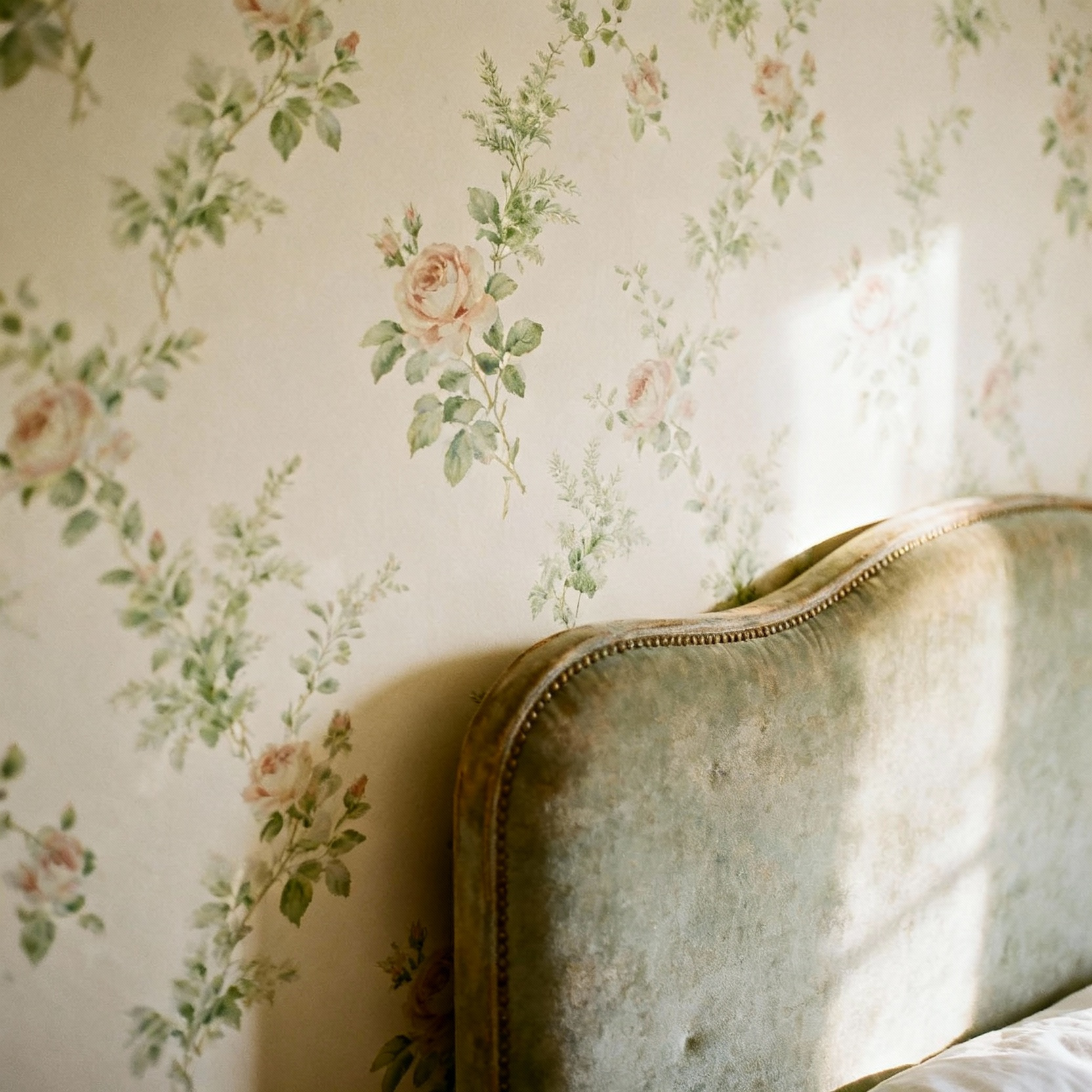 A vintage bedroom featuring an accent wall with cream-colored floral wallpaper, showcasing delicate rose patterns. A classic headboard and soft lighting contribute to a serene, timeless aesthetic.