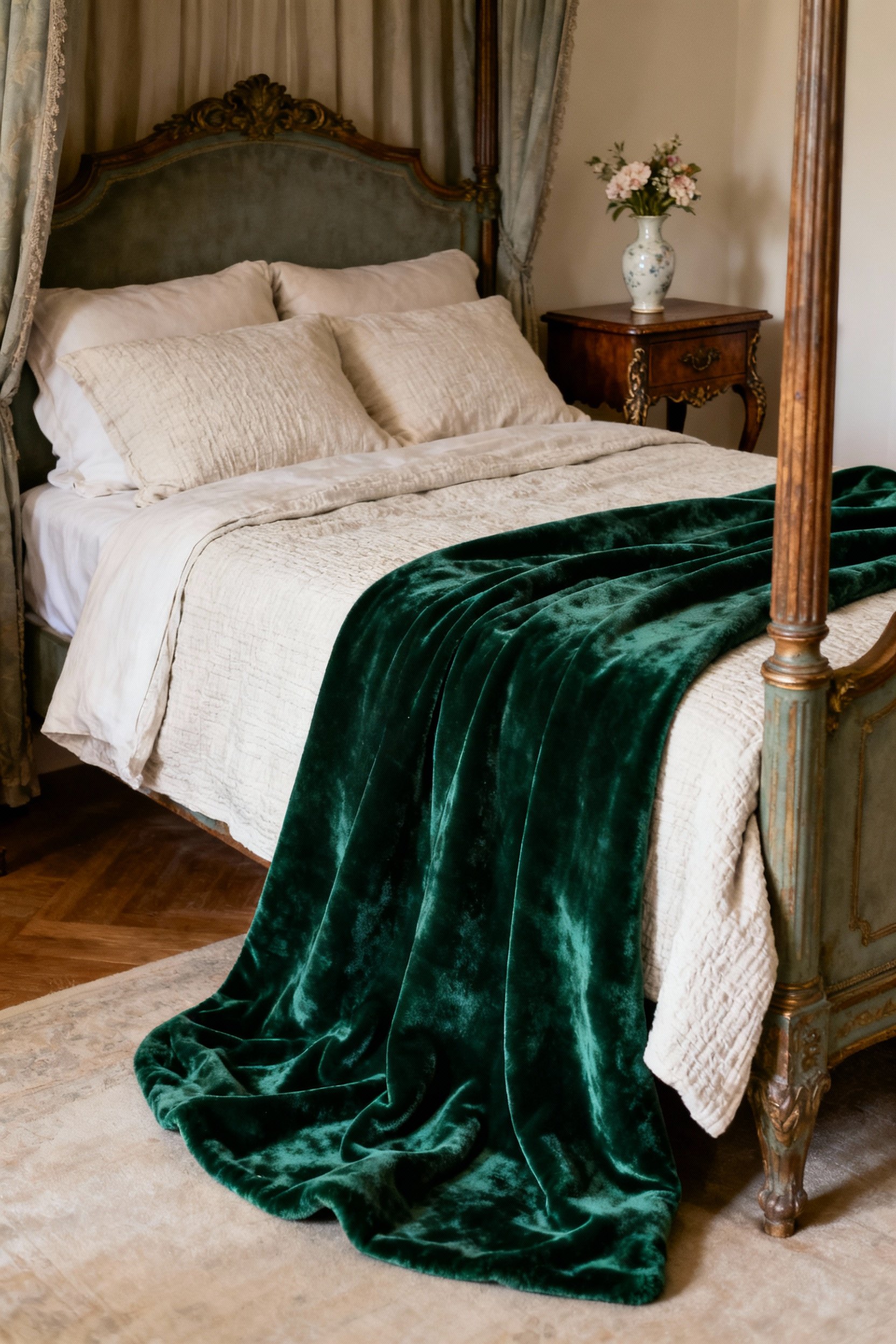 A rich emerald green plush velvet throw elegantly draped over a vintage four-poster bed, adding luxurious texture and warmth to a classic bedroom.