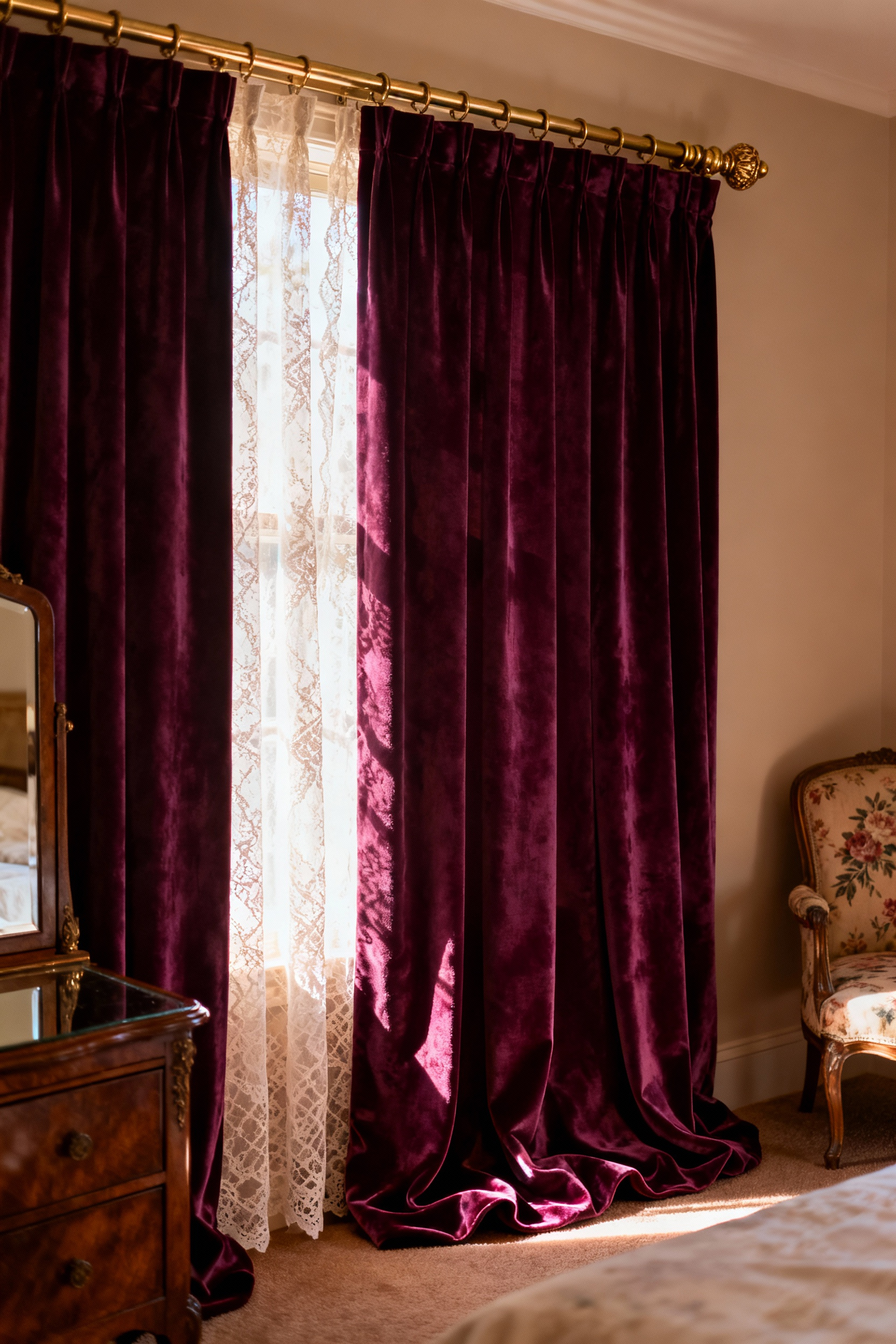 Luxurious velvet drapes in a vintage bedroom, with antique brass finials and a sheer lace under-curtain, achieving a historically accurate look.