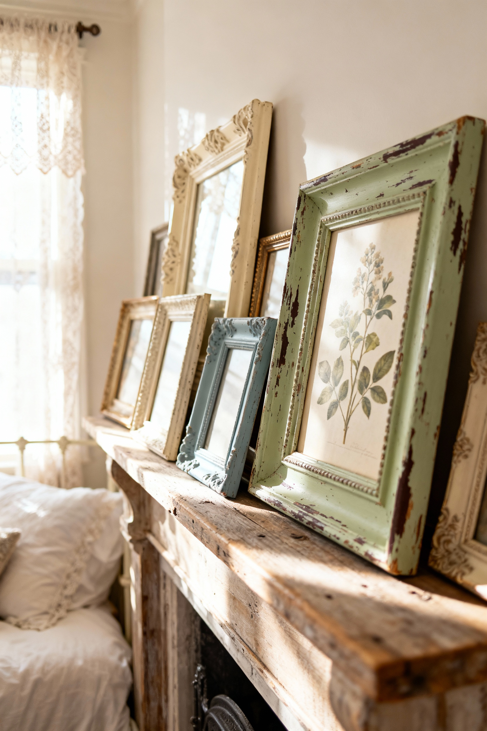 A collection of ornate vintage picture frames with distressed paint in muted colors, displaying a botanical print on a wooden mantelpiece in a cozy bedroom.