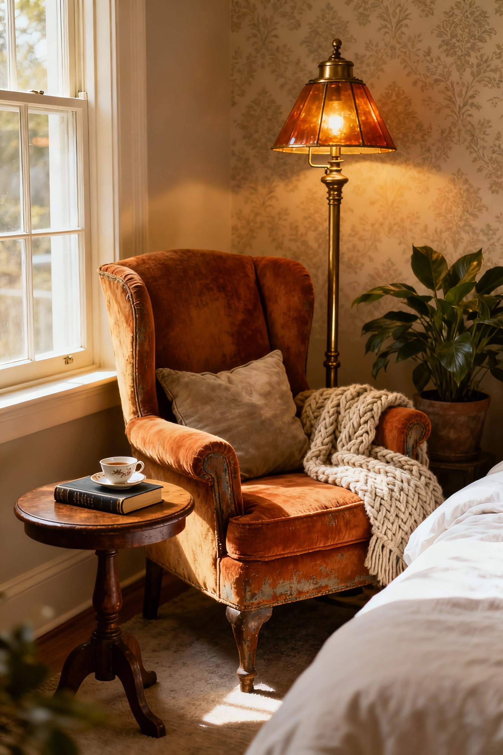 A serene reading nook with a vintage reclaimed armchair, warm lighting, a side table with a cup of tea and a book, and a soft blanket, set in a cozy bedroom corner.