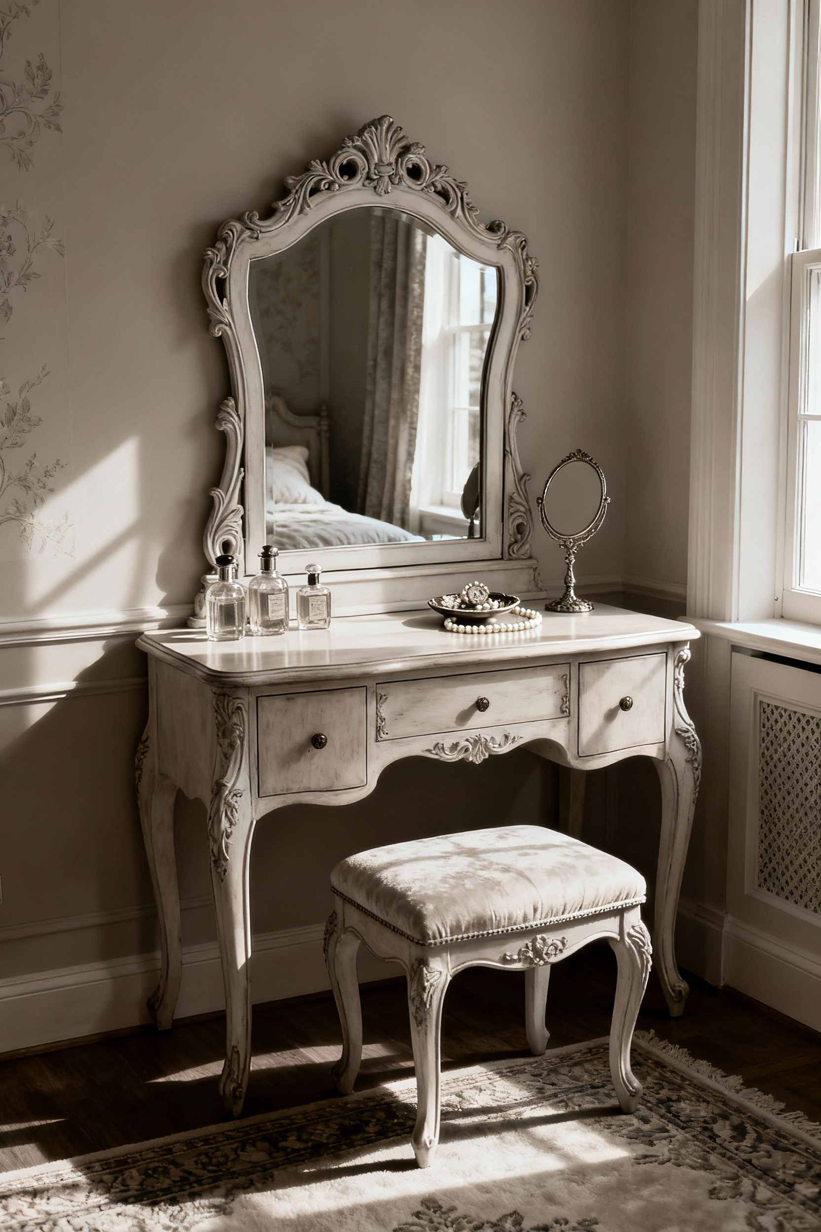 A meticulously arranged antique white matching vintage vanity set with an ornate mirror, a cushioned stool, and vintage beauty items in a softly lit, elegant bedroom.