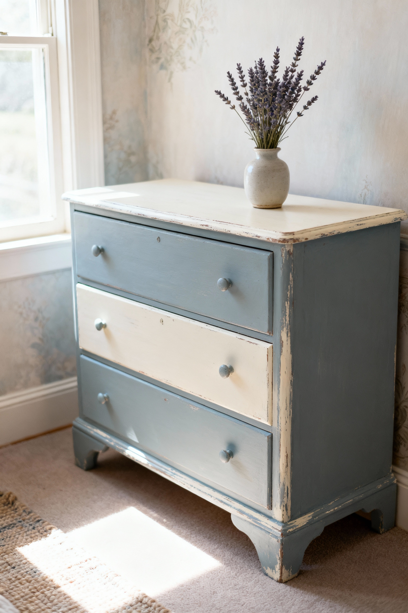 Elegantly restored vintage dresser in a dusty blue chalk paint finish, subtly distressed, standing in a bright, vintage bedroom setting.