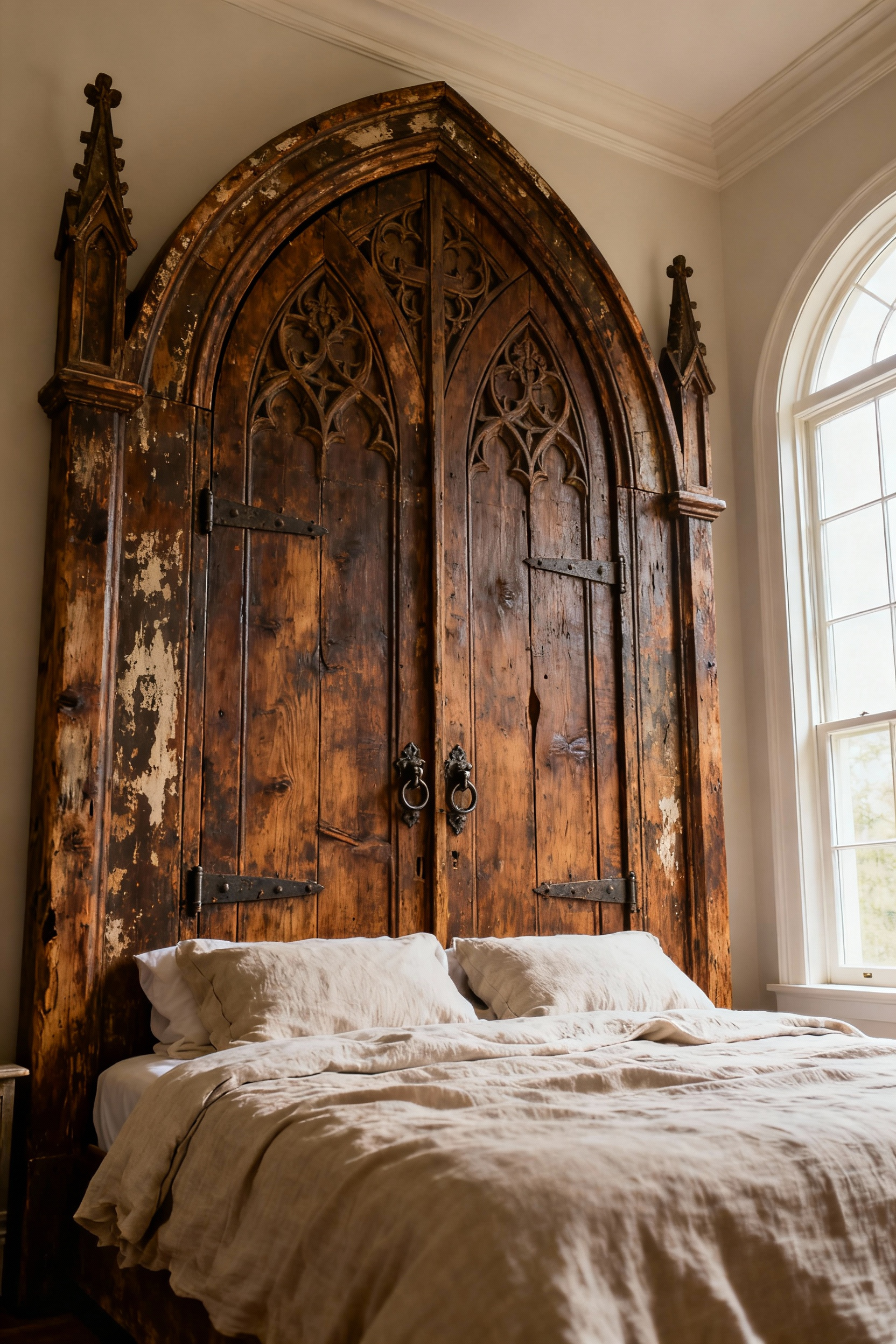 Vintage bedroom with a headboard made from an ornate, repurposed wooden church door, showcasing architectural salvage.