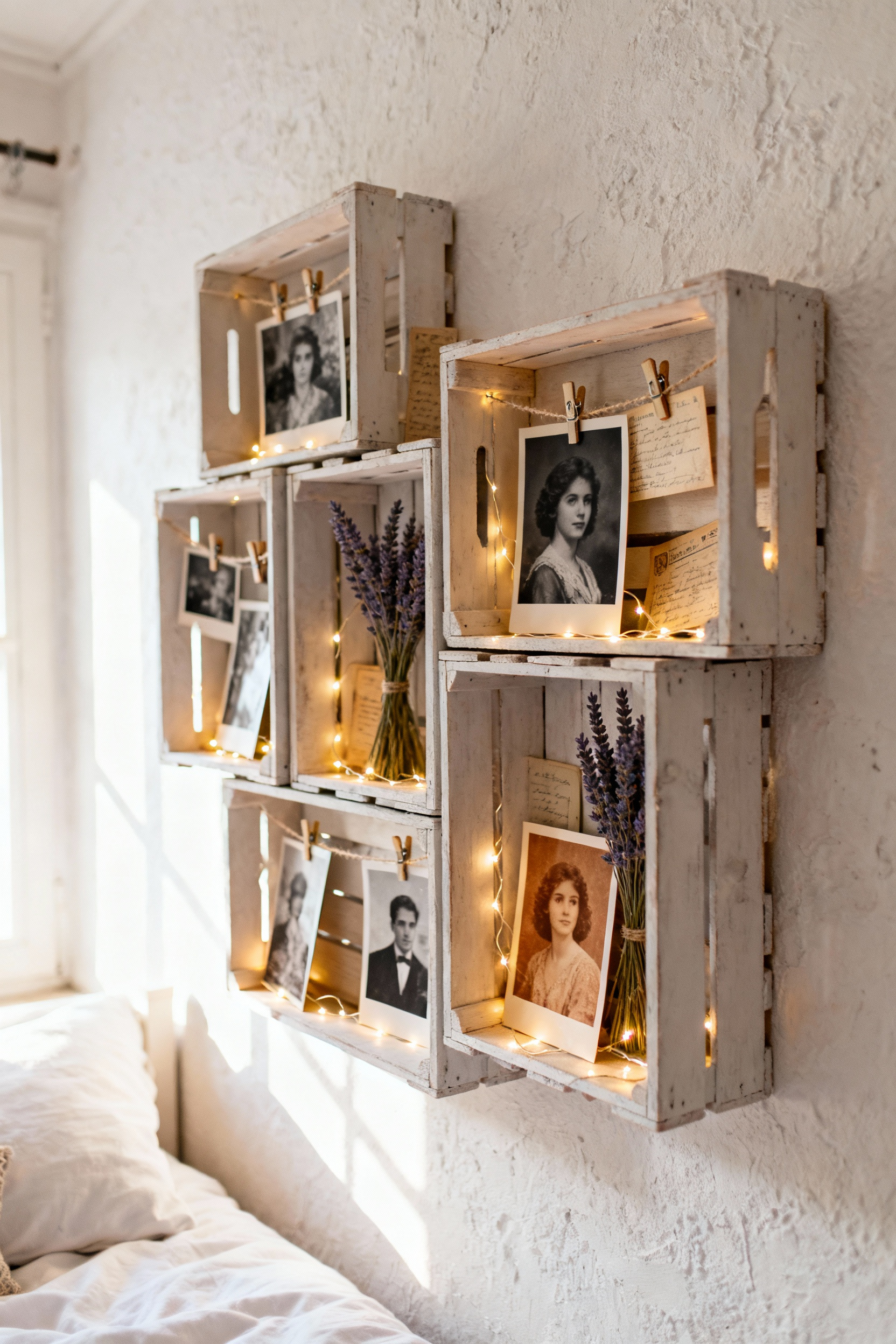 Portrait image of a personalized photo display made from repurposed wooden crates in a vintage bedroom. The crates hold black and white photos, postcards, and fairy lights, mounted on an off-white wall.