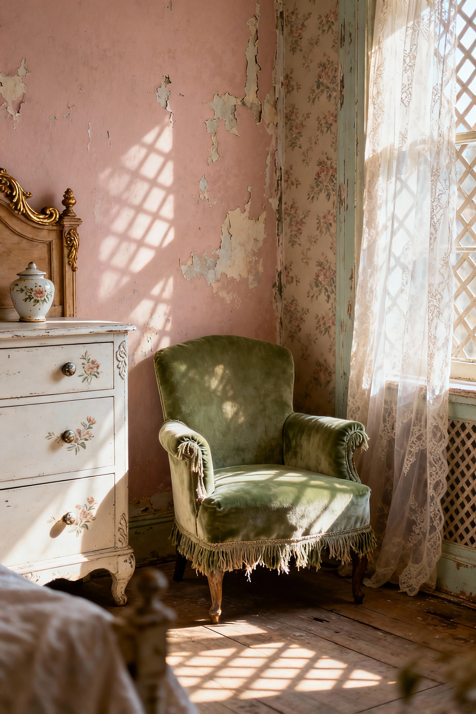 Serene Shabby Chic vintage bedroom with dusty rose walls, sage green armchair, antique white dresser, showcasing a historical thematic color palette.