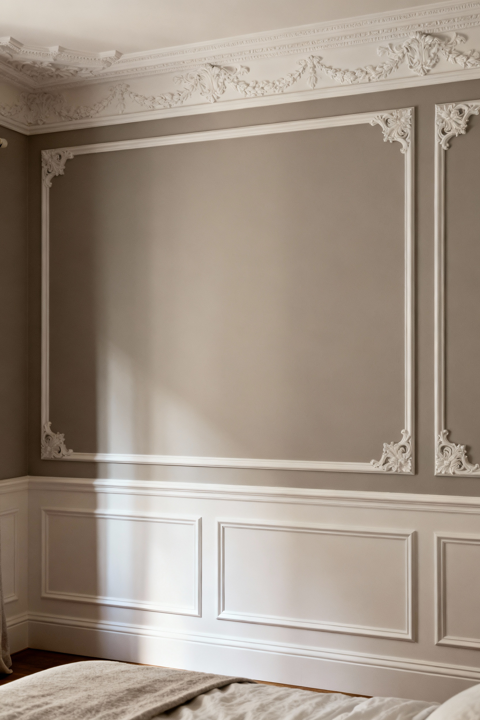 Bedroom wall painted in a warm greige neutral color, featuring ornate white crown molding and wainscoting, highlighted by soft natural light.
