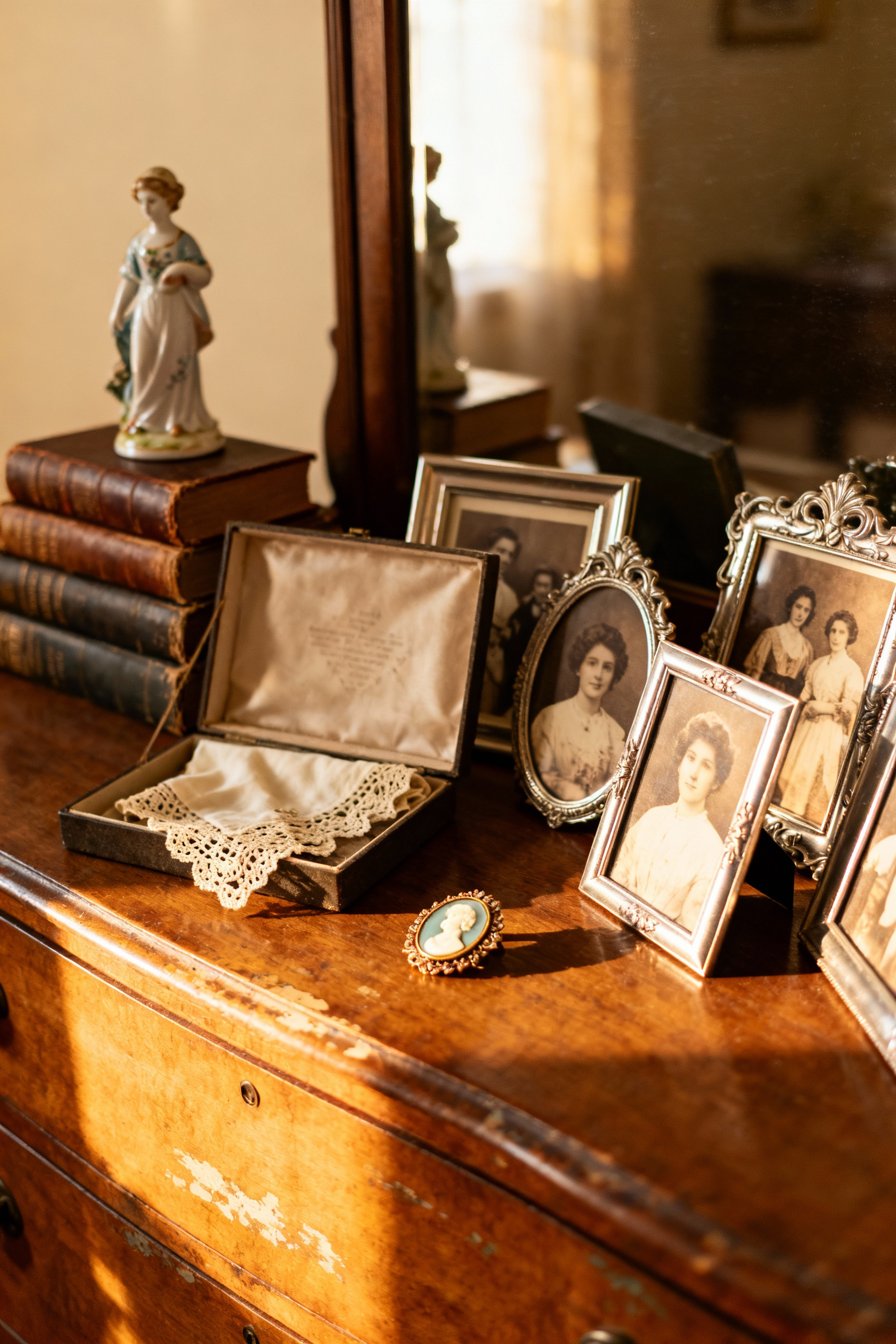 A vintage wooden dresser showcasing an arrangement of personal heirlooms including framed antique photos, a shadow box with lace and a brooch, and old books. The room is a vintage bedroom filled with sentimental charm.