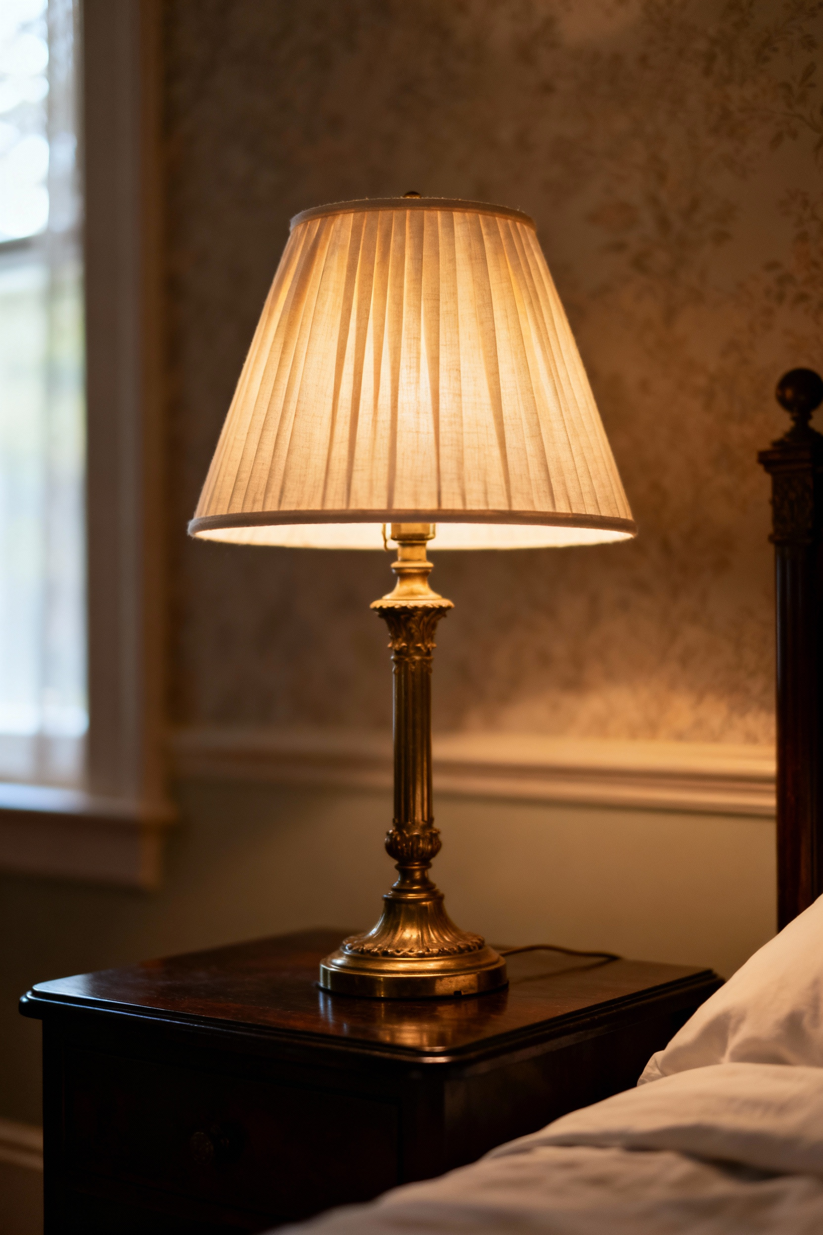 A beautifully restored antique brass bedside lamp with a pleated linen shade sitting on a vintage wooden nightstand, casting a warm glow in a cozy, timeless bedroom setting.