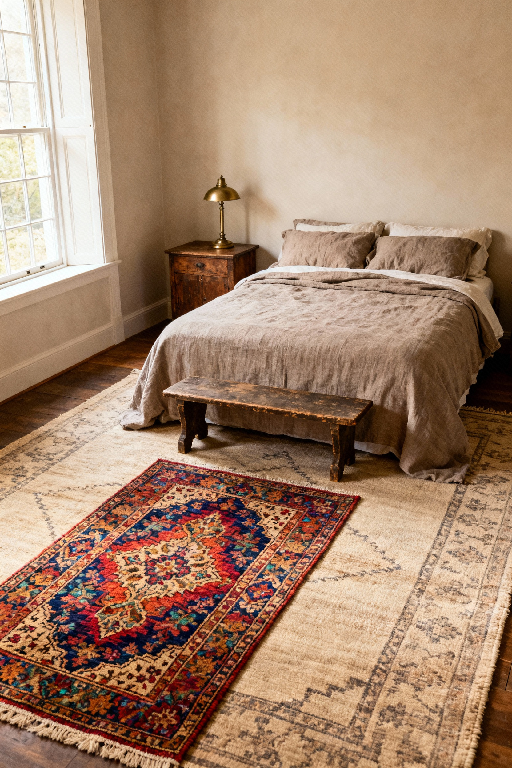 A charming vintage bedroom with a large faded Oushak rug serving as a base, layered with a smaller, vibrant Persian rug near the foot of the bed, defining the sleeping area and adding warmth.