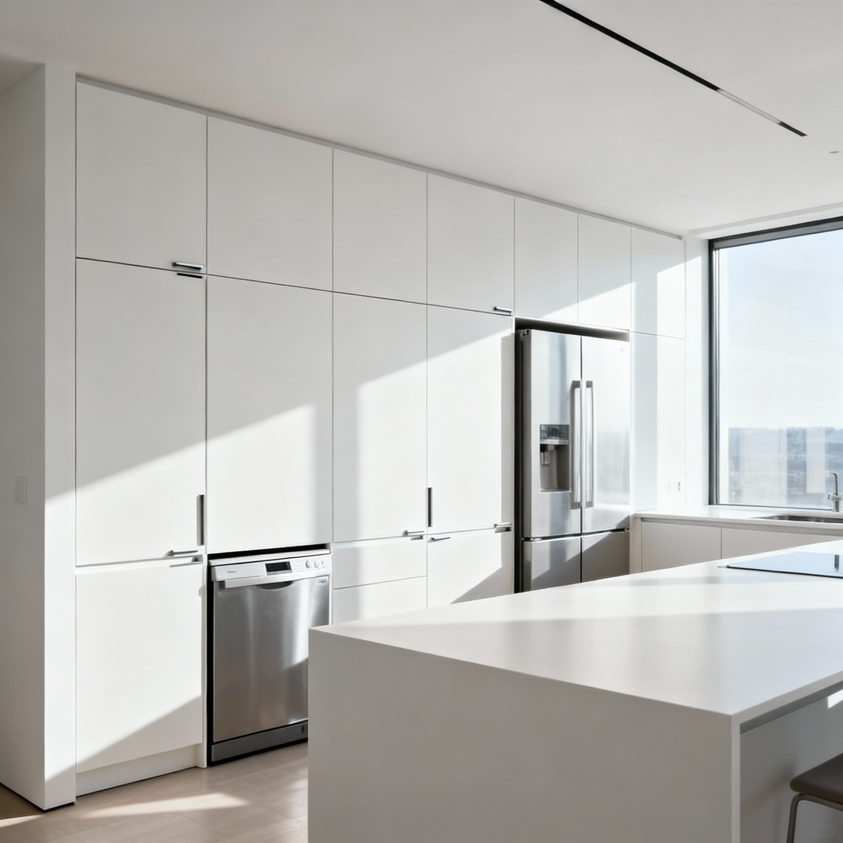 A modern kitchen featuring floor-to-ceiling white minimalist flat-panel cabinetry with integrated handle-less design, concealed appliances, and a matching kitchen island, exuding streamlined elegance.