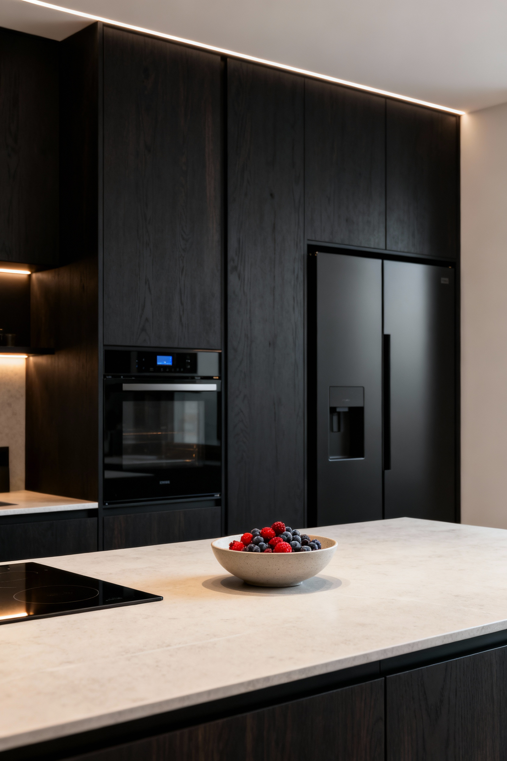 Modern kitchen featuring integrated smart oven and refrigerator with subtle indicators of data-driven personalization, sleek design, dark cabinetry, and brushed stainless steel finishes.