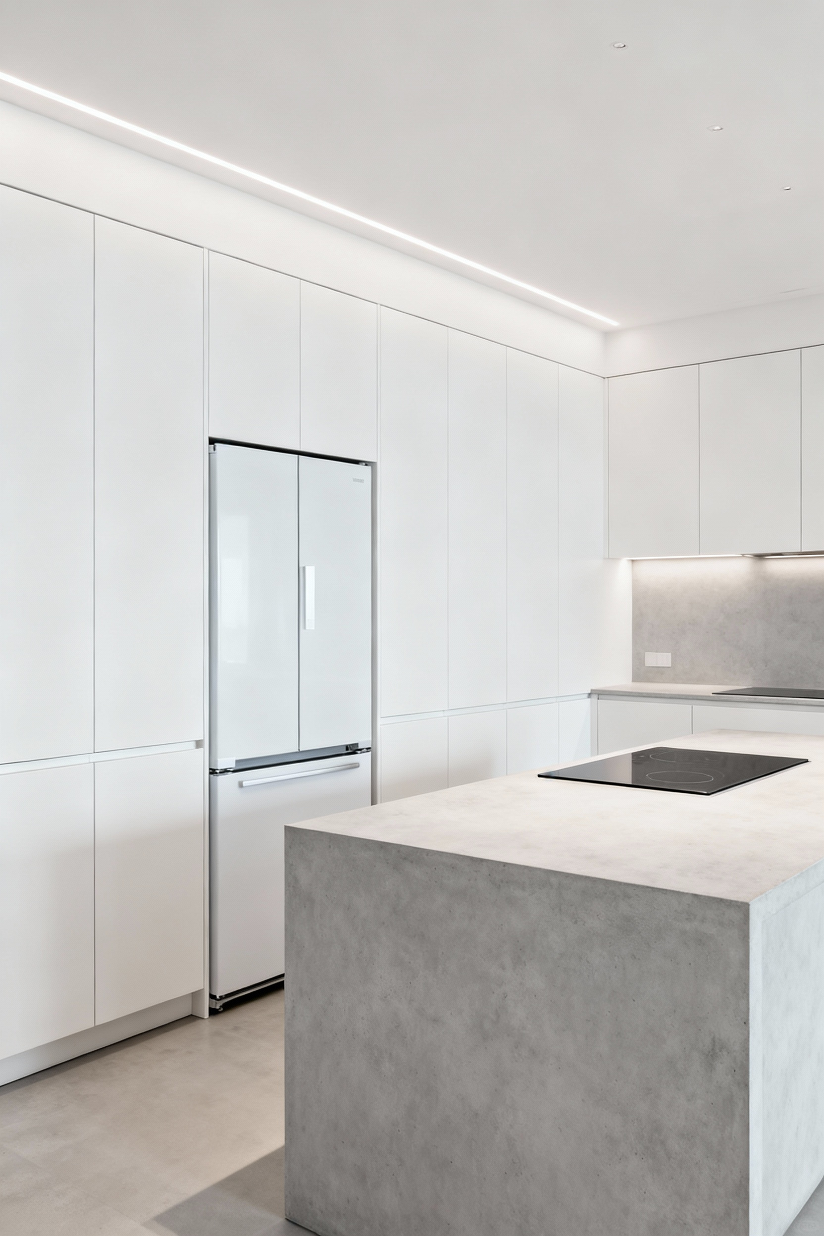 A modern kitchen featuring integrated appliances, blending seamlessly with custom matte white cabinetry and a minimalist island with a flush induction hob, emphasizing clean lines and an uninterrupted visual flow.