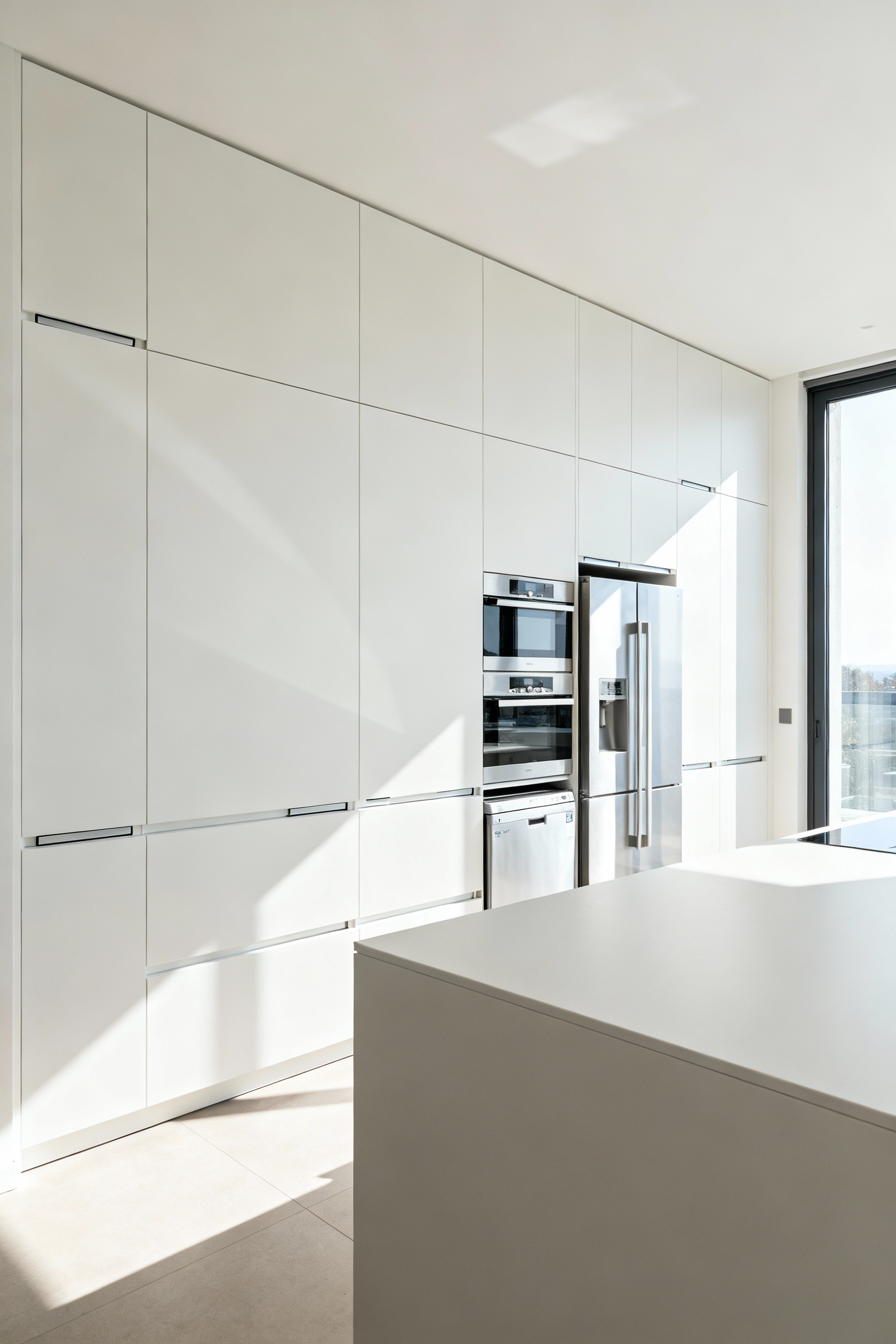 A modern kitchen featuring floor-to-ceiling white minimalist flat-panel cabinetry with integrated handle-less design, concealed appliances, and a matching kitchen island, exuding streamlined elegance.