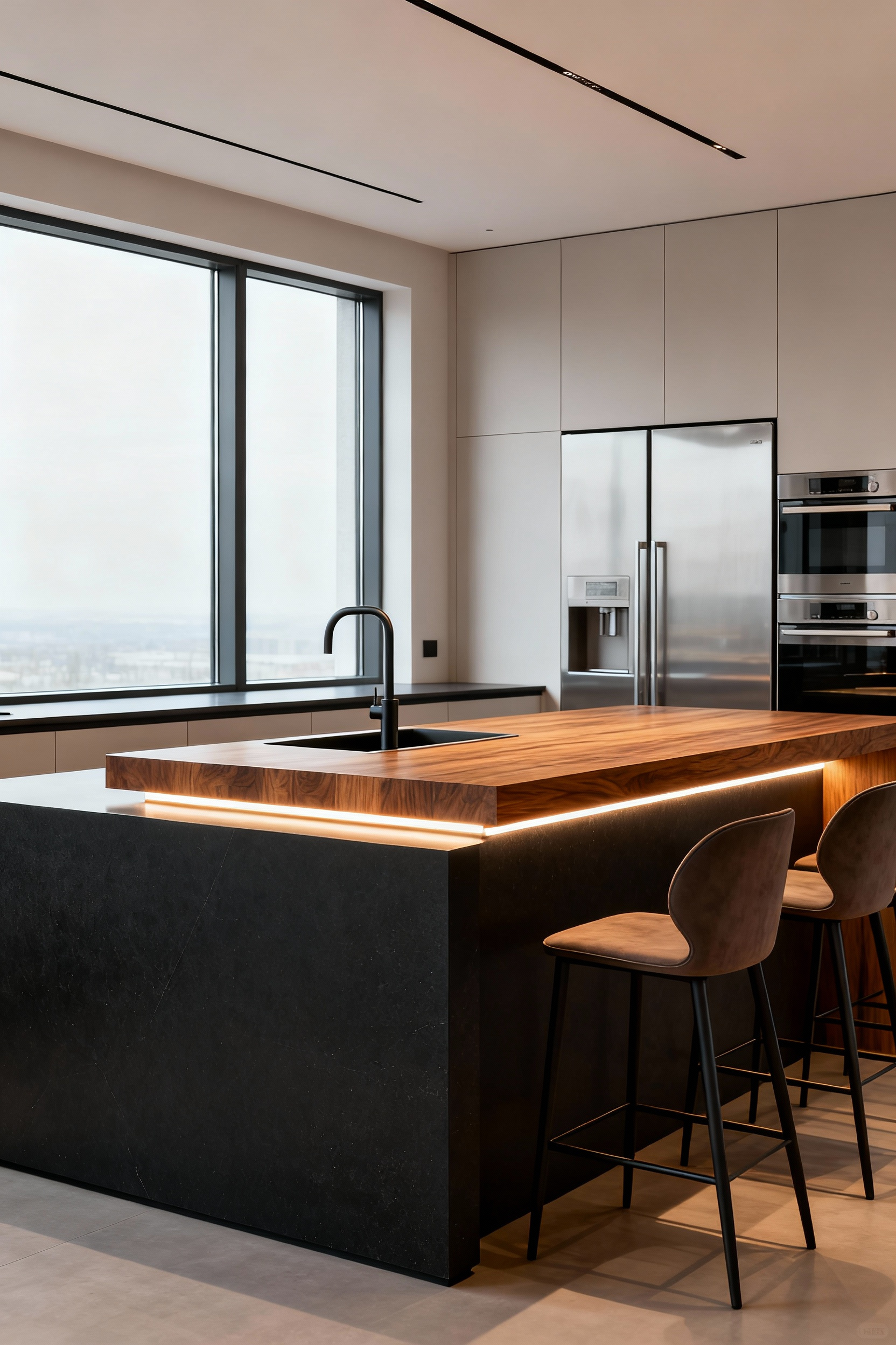 Modern bi-level kitchen island with dark quartz prep area and warm oak bar seating, illuminated by concealed LED lighting, showcasing dynamic work zones and socializing space in an open-plan kitchen.