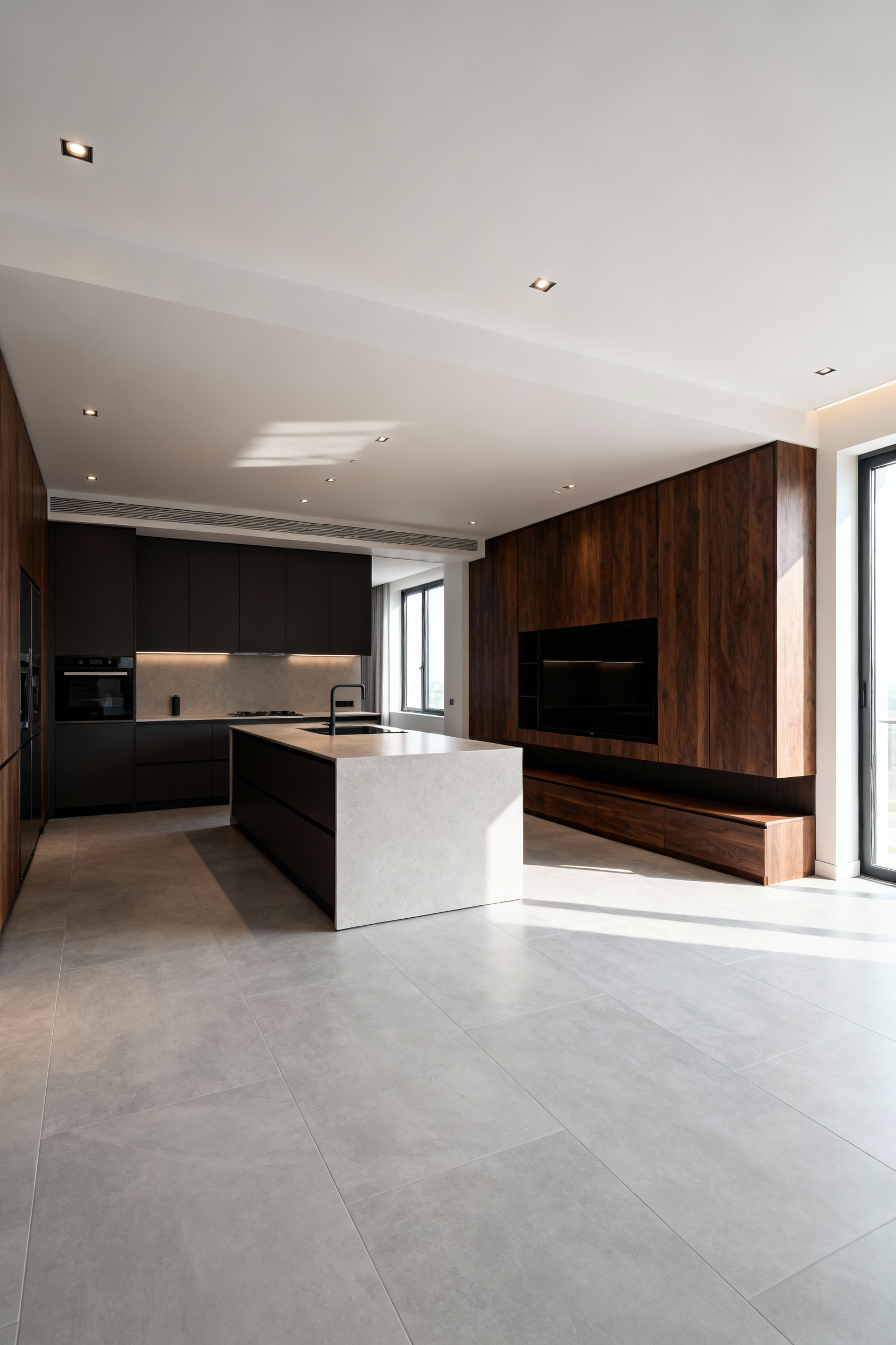 Modern open-plan kitchen flowing seamlessly into an adjacent living room with cohesive design, continuous light gray flooring, dark wood cabinetry, and minimalist furniture, unified by recessed lighting.