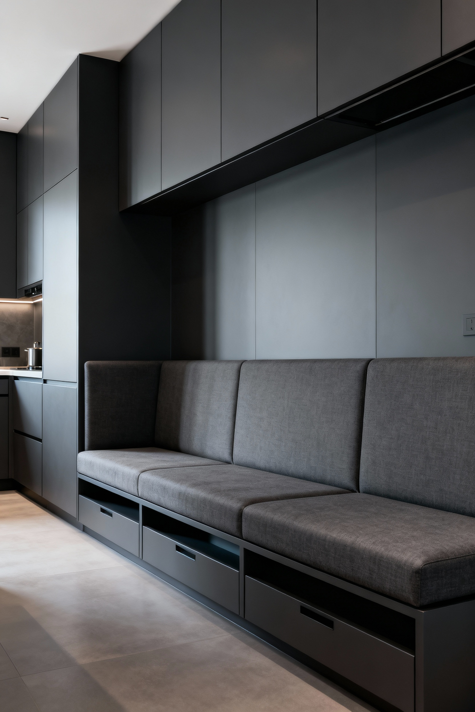 Modern kitchen with custom L-shaped banquette seating, integrated storage, sleek design, and cohesive aesthetic in grey and matte finishes.
