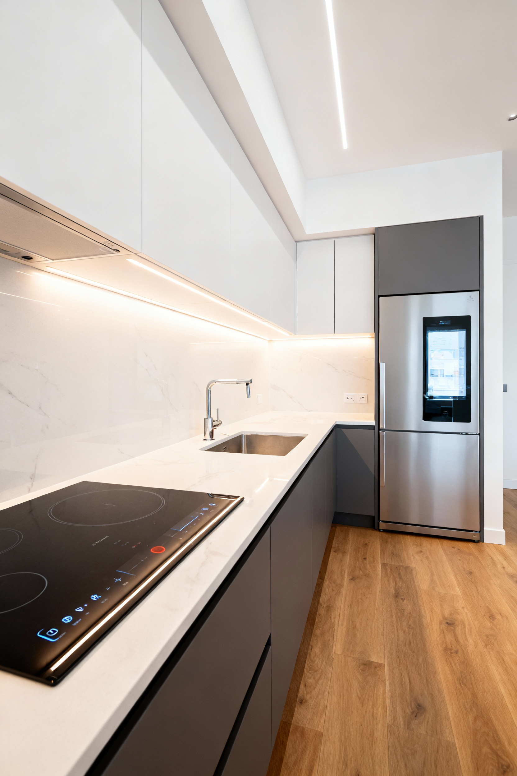 A wide-angle professional photo of a modern kitchen interior, highlighting the functional kitchen triangle. Features a sleek induction cooktop, minimalist sink with a touchless faucet, and integrated smart refrigerator, set within a sophisticated space with quartz countertops and refined cabinetry.