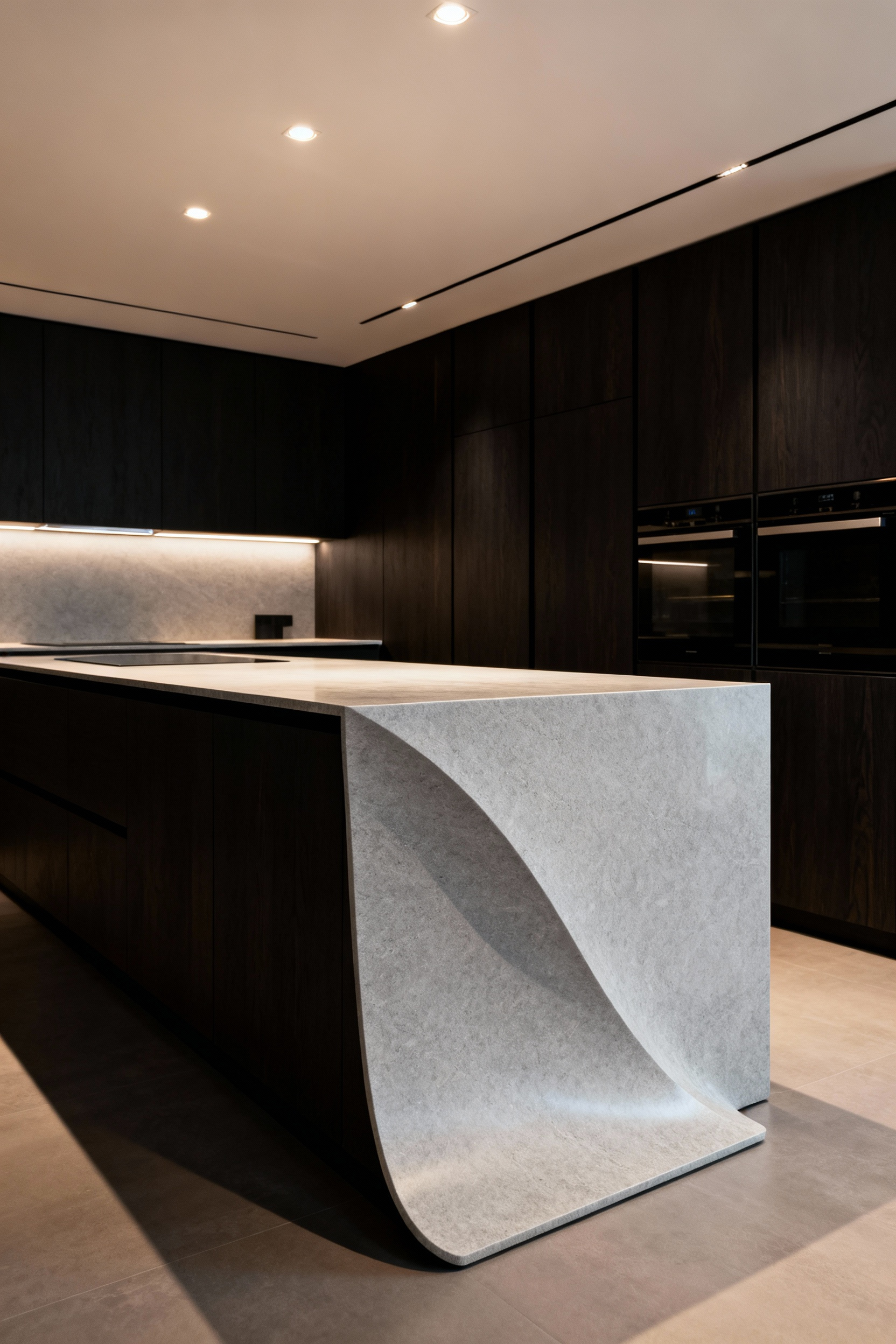 Modern kitchen with a striking light gray quartz waterfall island, showcasing seamless architectural design and clean lines for a sleek and minimalist aesthetic.