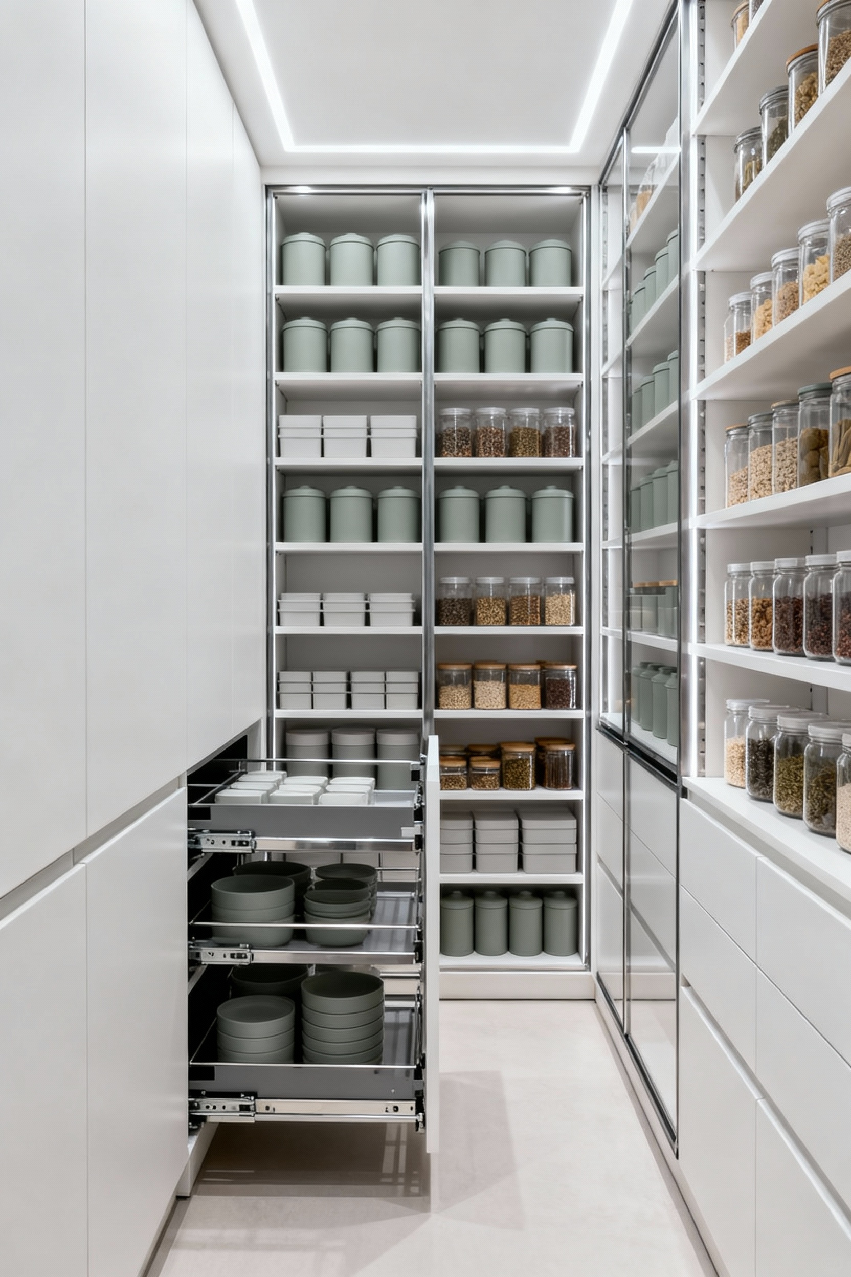 A pristine modern kitchen interior showcasing an open, fully integrated pull-out pantry with organized shelves and sleek design, illustrating effective smart storage solutions for decluttering.