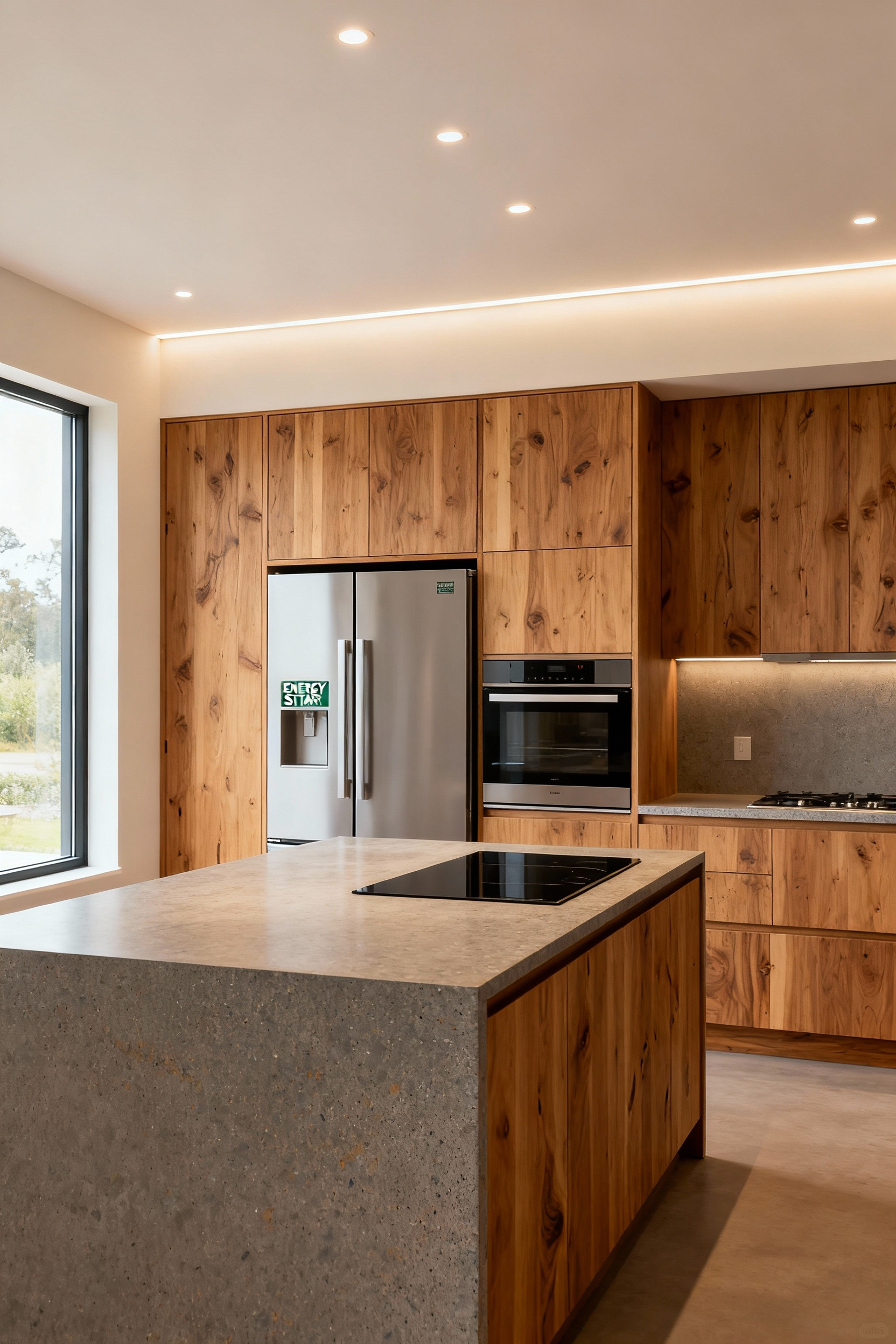 Modern kitchen with sustainable wood cabinetry and recycled content countertops, featuring a sleek, integrated ENERGY STAR certified appliance. Bright, eco-conscious design.